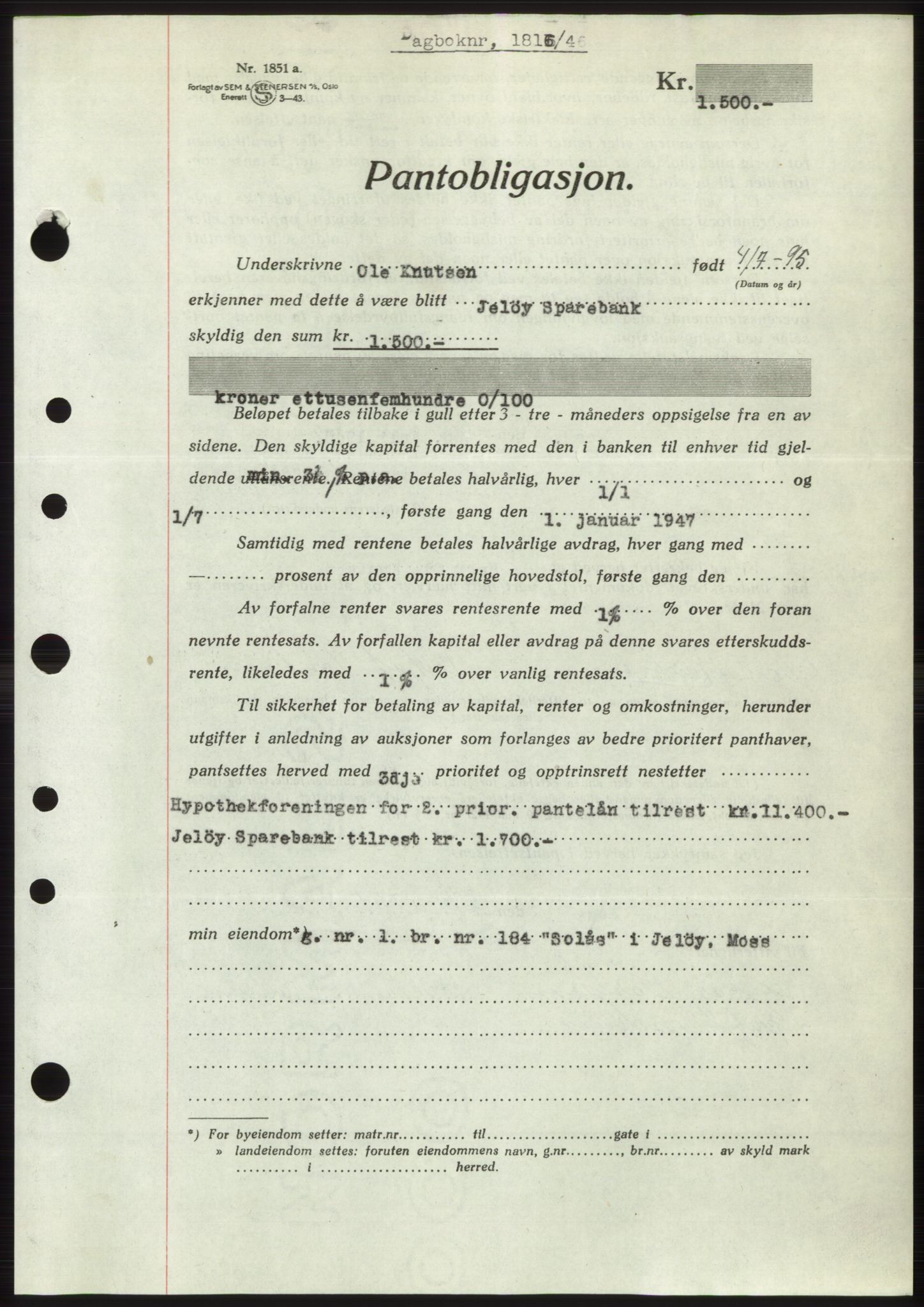 Moss sorenskriveri, SAO/A-10168: Pantebok nr. B15, 1946-1946, Dagboknr: 1815/1946