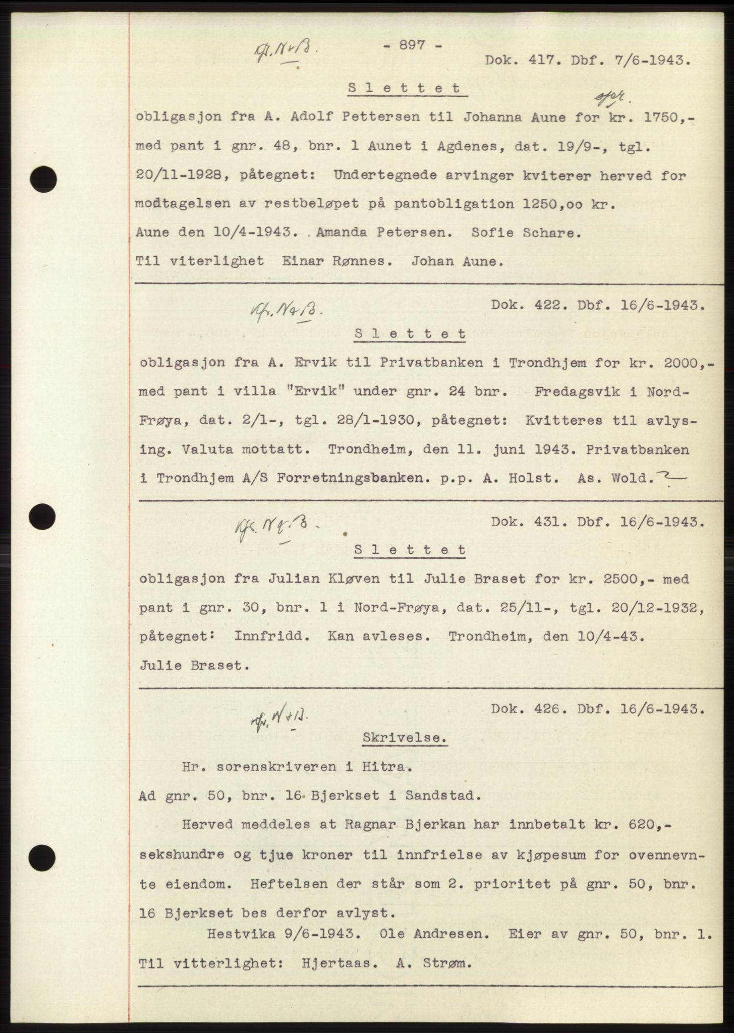 Hitra sorenskriveri, AV/SAT-A-0018/2/2C/2Ca: Pantebok nr. C1, 1936-1945, Dagboknr: 417/1943