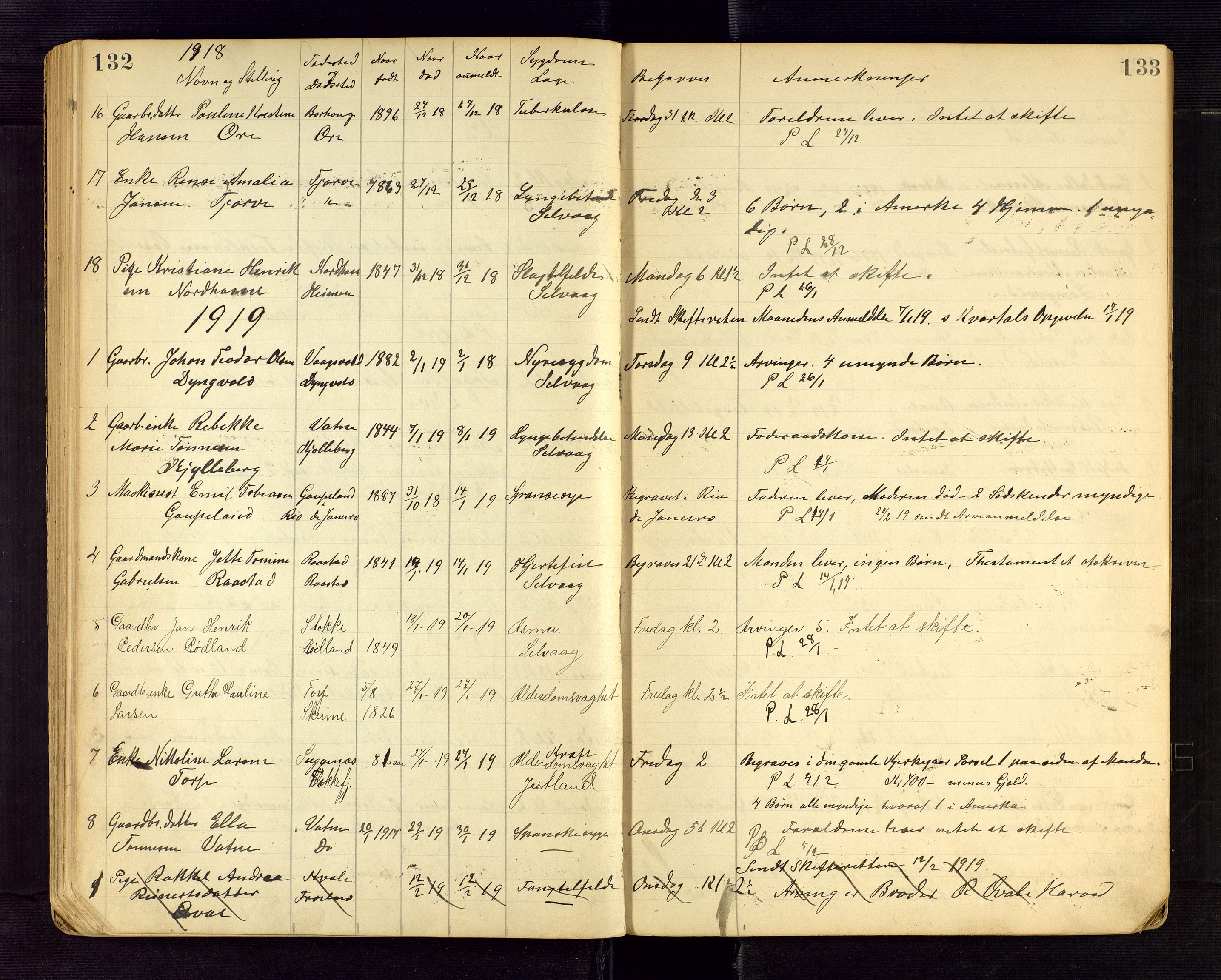 Lista lensmannskontor, AV/SAK-1241-0030/F/Fe/L0001/0002: Dødsfallsprotokoller nr 12 / Dødsfallsprotokoll, 1911-1922, s. 132-133