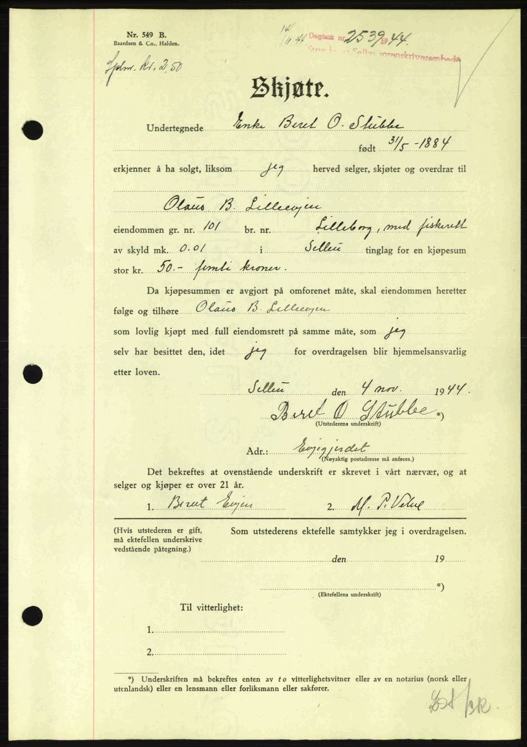 Strinda og Selbu sorenskriveri, SAT/A-0015/2/2C: Pantebok nr. A9, 1944-1945, Dagboknr: 2539/1944