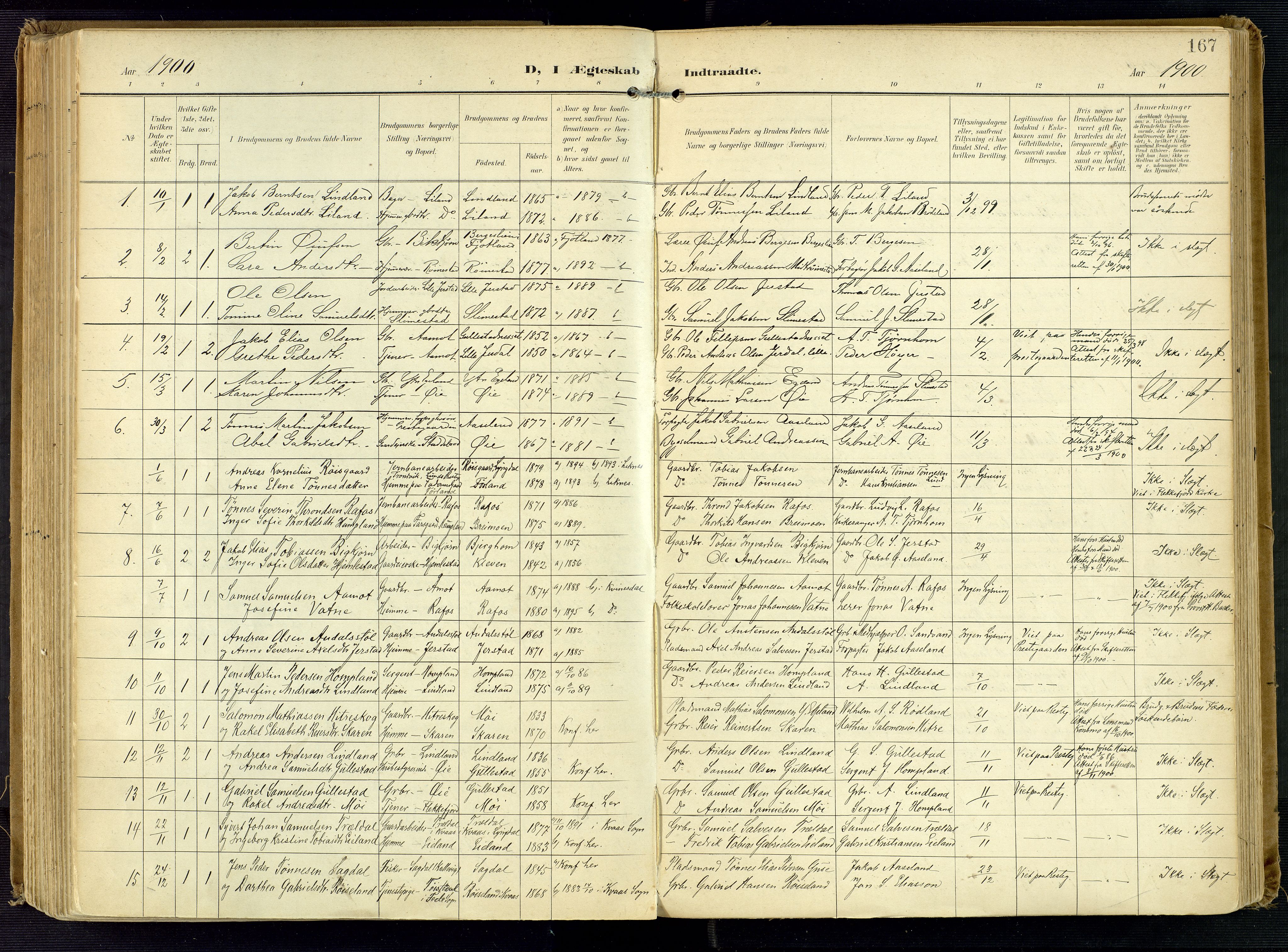 Kvinesdal sokneprestkontor, SAK/1111-0026/F/Fa/Fab/L0009: Ministerialbok nr. A 9, 1898-1915, s. 167