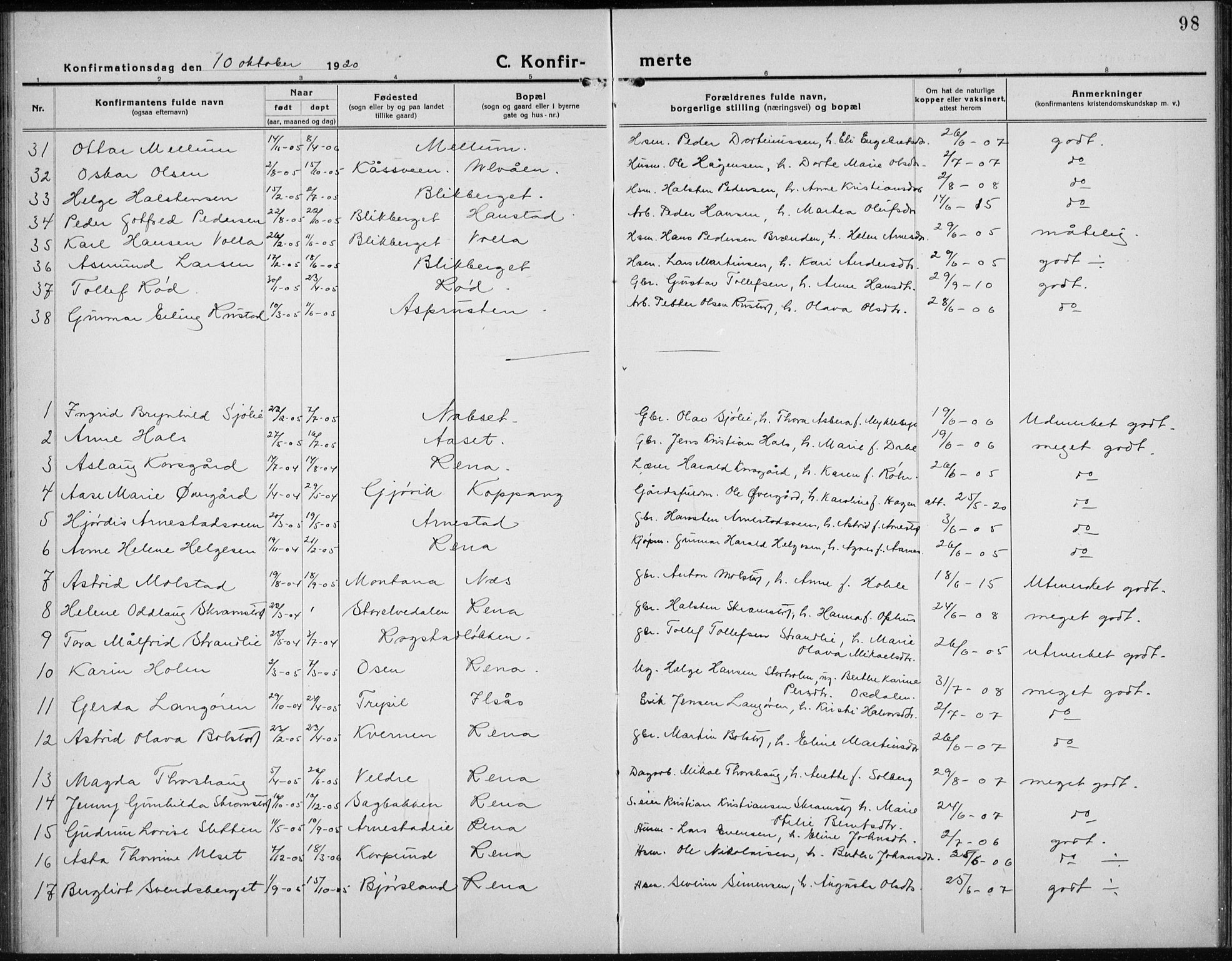 Åmot prestekontor, Hedmark, SAH/PREST-056/H/Ha/Hab/L0005: Klokkerbok nr. 5, 1921-1934, s. 98