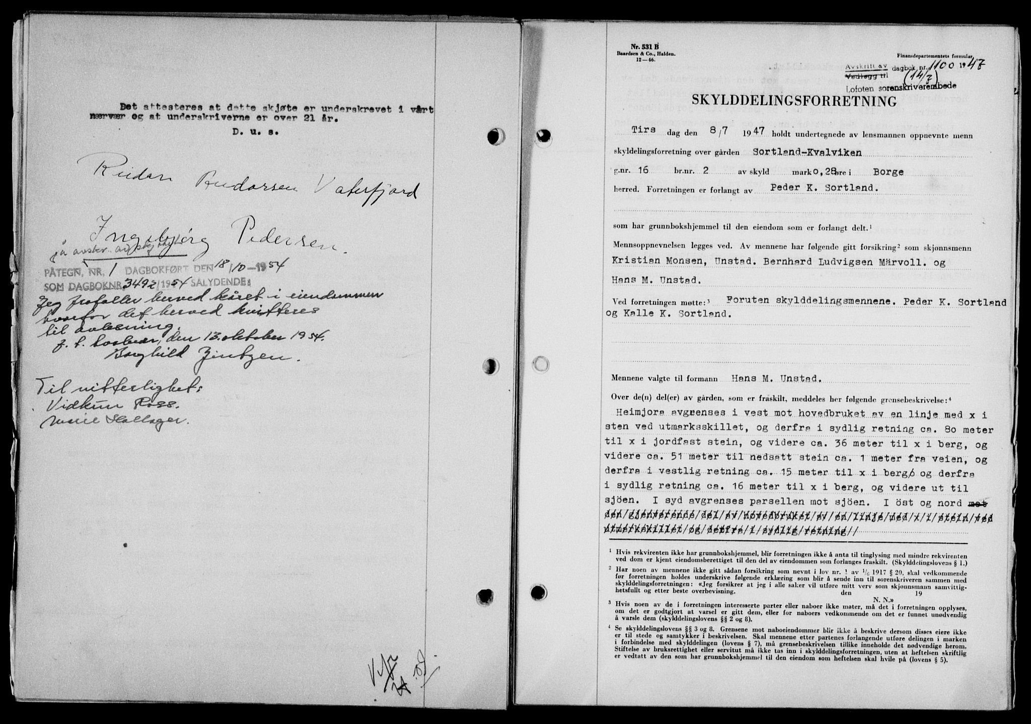 Lofoten sorenskriveri, SAT/A-0017/1/2/2C/L0016a: Pantebok nr. 16a, 1947-1947, Dagboknr: 1100/1947