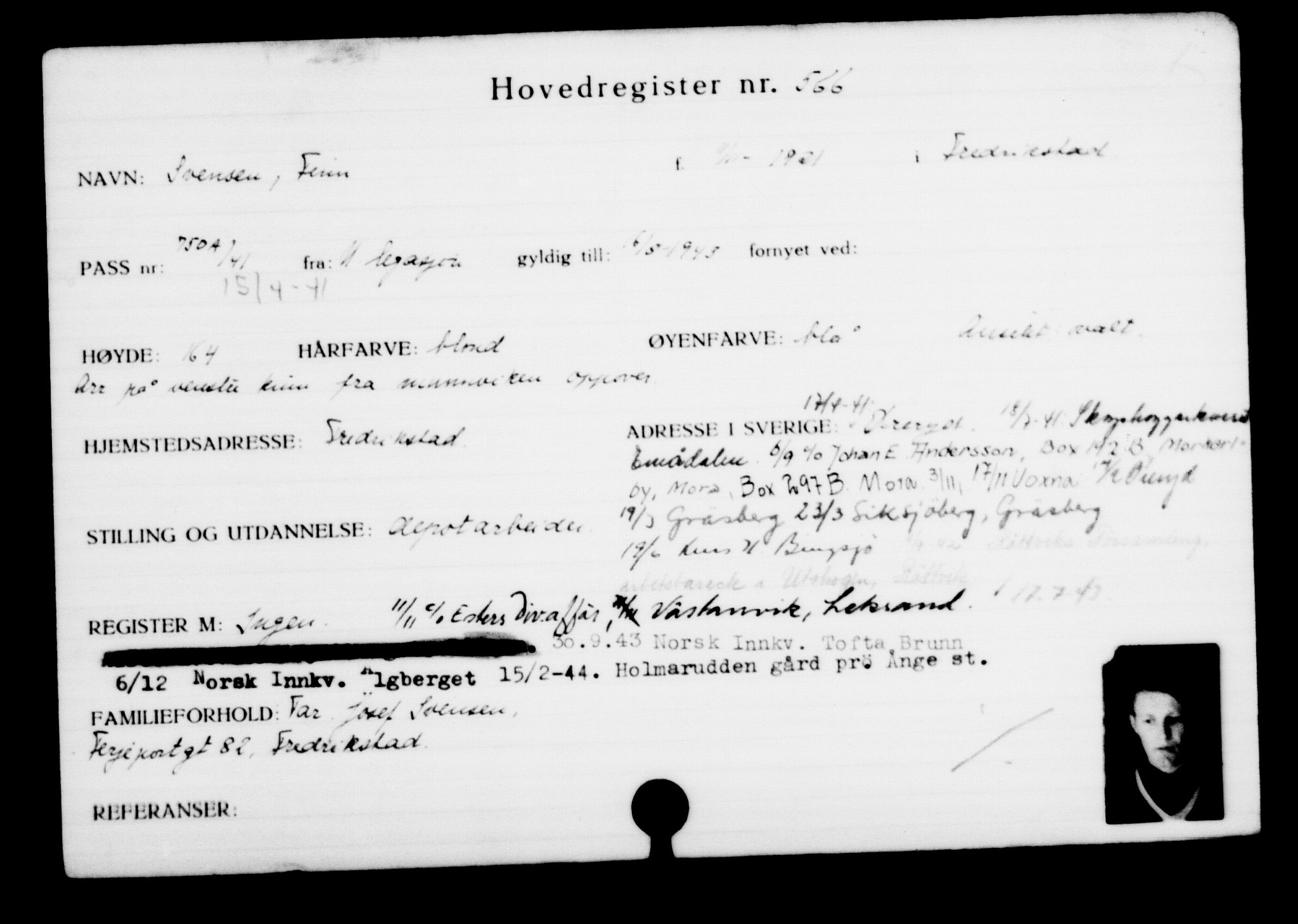 Utenriksstasjonene, Legasjonen i Stockholm, Flyktningkontoret, AV/RA-S-6753/V/Va/L0001: Kjesäterkartoteket, flyktninger med registreringsnr. 1-1000, 1940-1945, s. 880