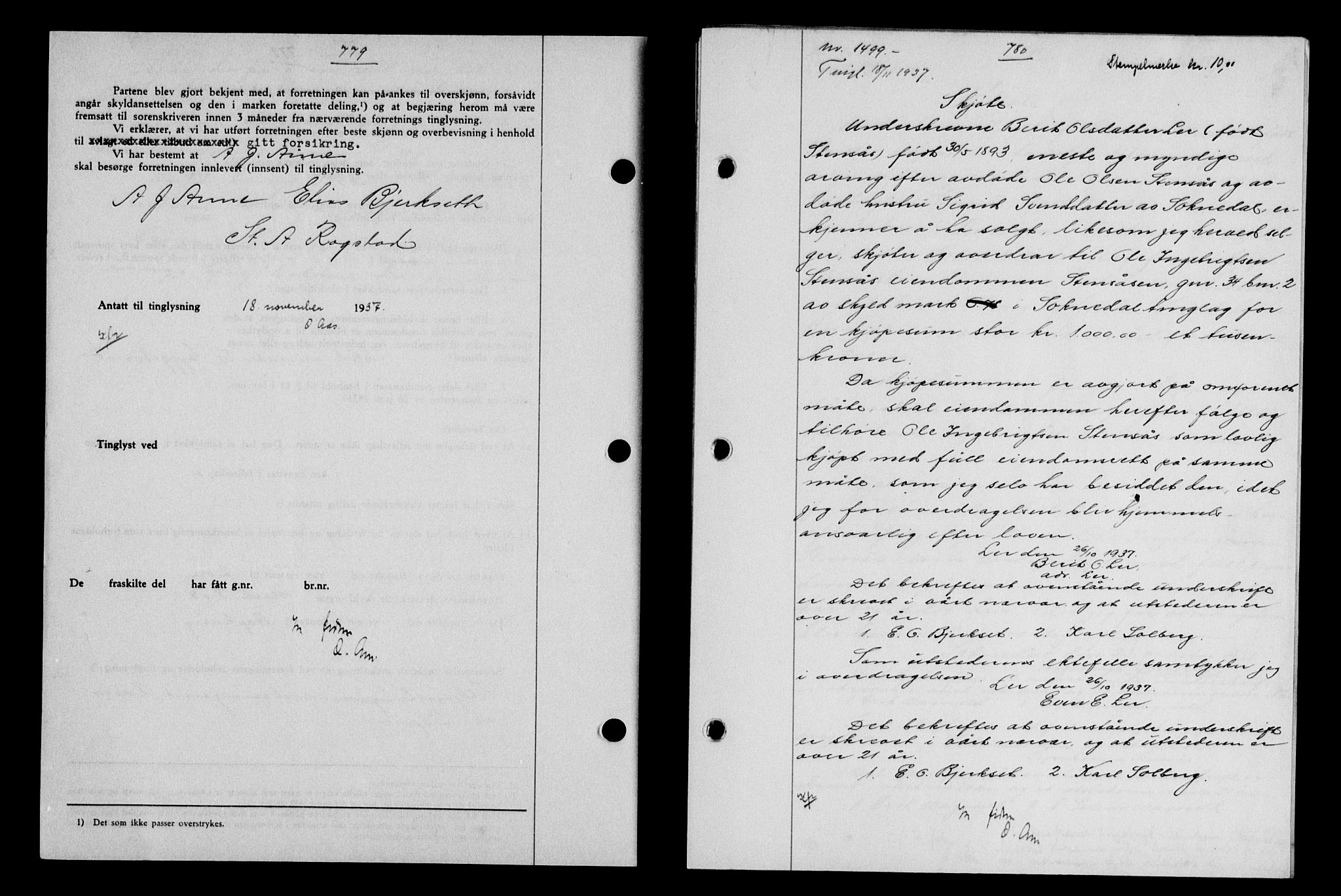 Gauldal sorenskriveri, SAT/A-0014/1/2/2C/L0048: Pantebok nr. 51-52, 1937-1938, s. 779-780, Dagboknr: 1499/1937