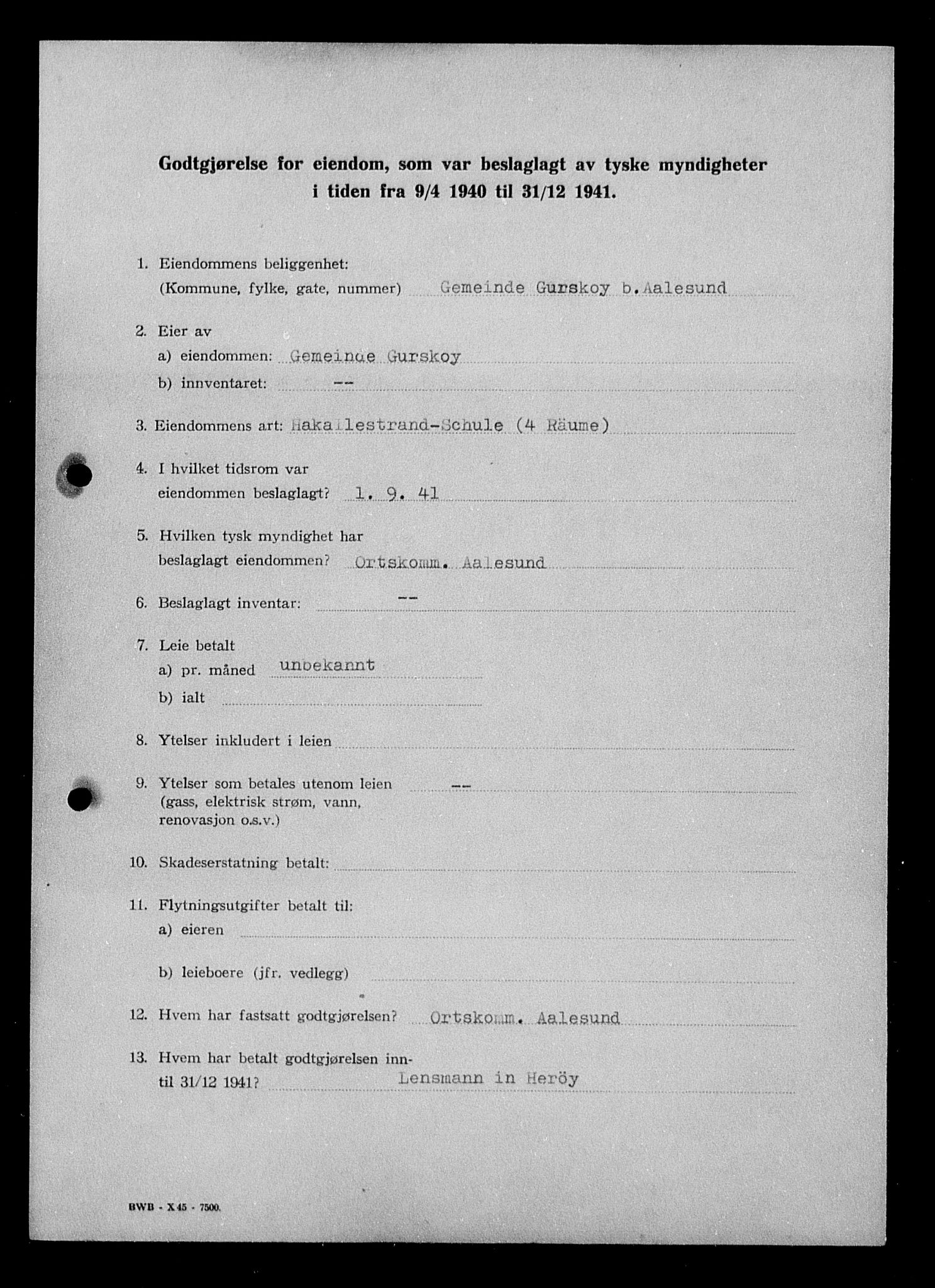 Justisdepartementet, Tilbakeføringskontoret for inndratte formuer, RA/S-1564/I/L1017: Godtgjørelse for beslaglagt eiendom, 1940-1941, s. 46