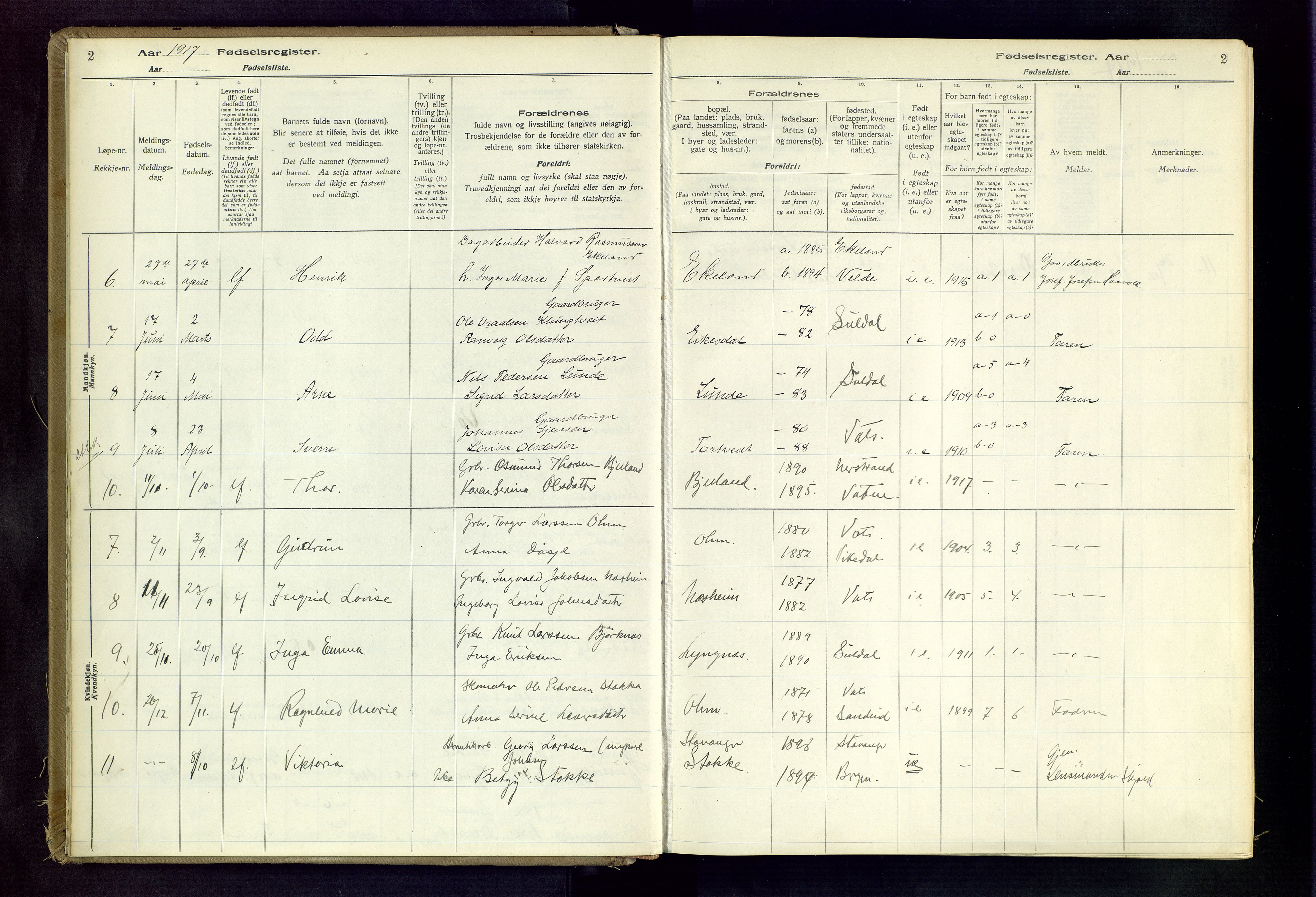 Skjold sokneprestkontor, AV/SAST-A-101847/I/Id/L0003: Fødselsregister nr. 3, 1917-1982, s. 2