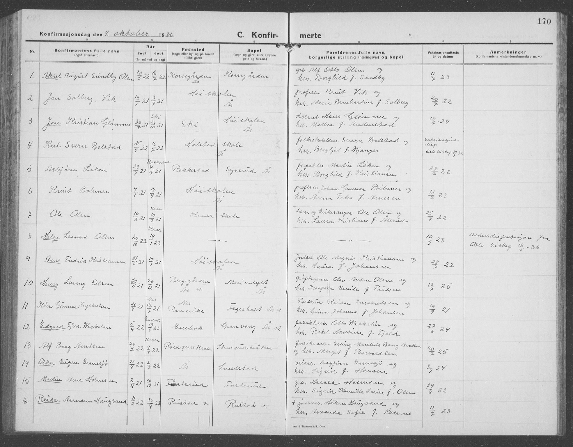 Ås prestekontor Kirkebøker, SAO/A-10894/G/Ga/L0006: Klokkerbok nr. I 6, 1925-1940, s. 170