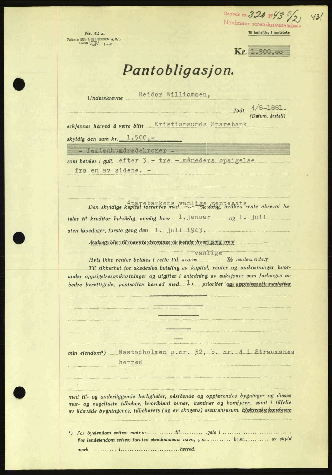 Nordmøre sorenskriveri, SAT/A-4132/1/2/2Ca: Pantebok nr. B90, 1942-1943, Dagboknr: 320/1943