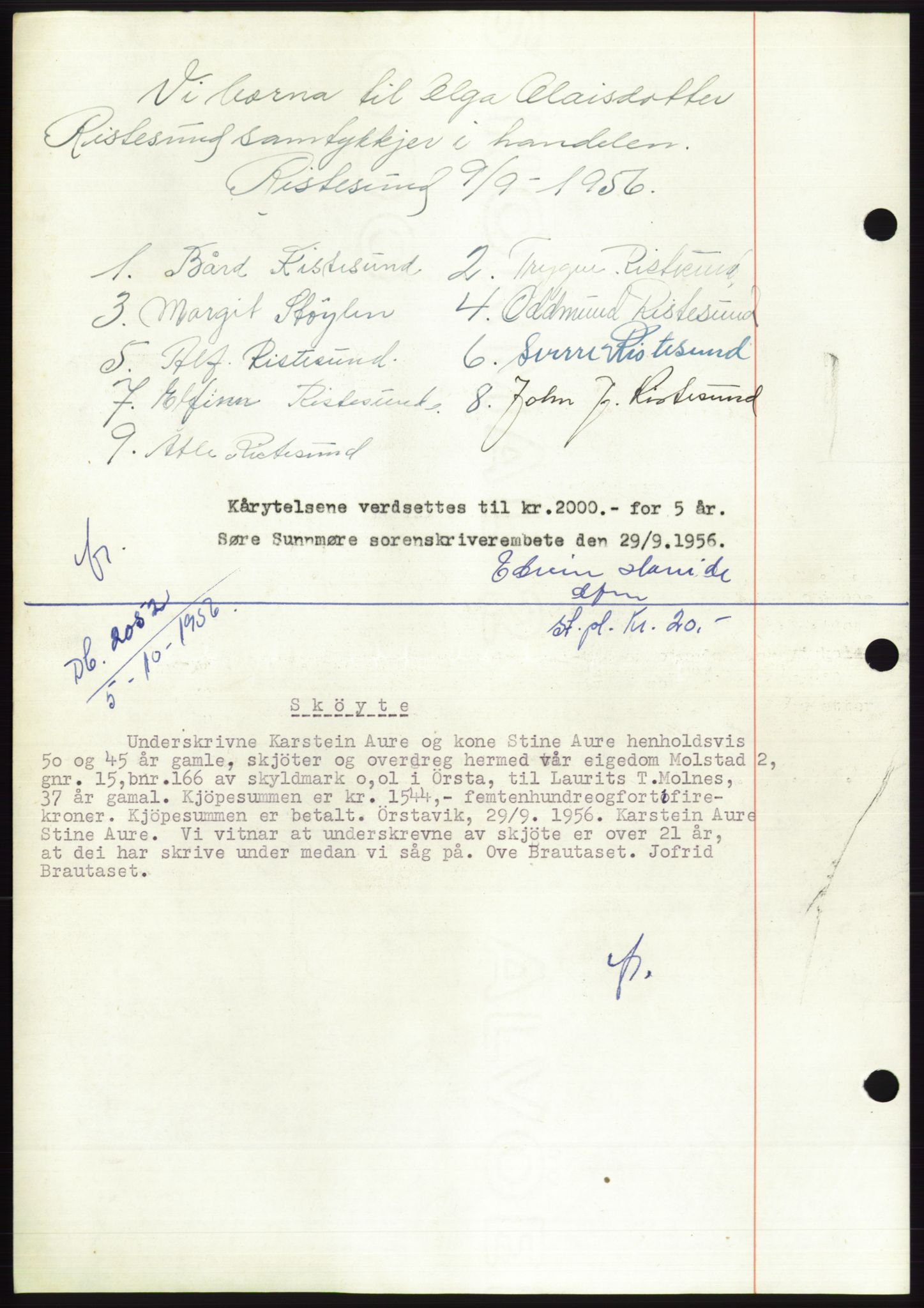 Søre Sunnmøre sorenskriveri, AV/SAT-A-4122/1/2/2C/L0104: Pantebok nr. 30A, 1956-1956, Dagboknr: 2052/1956