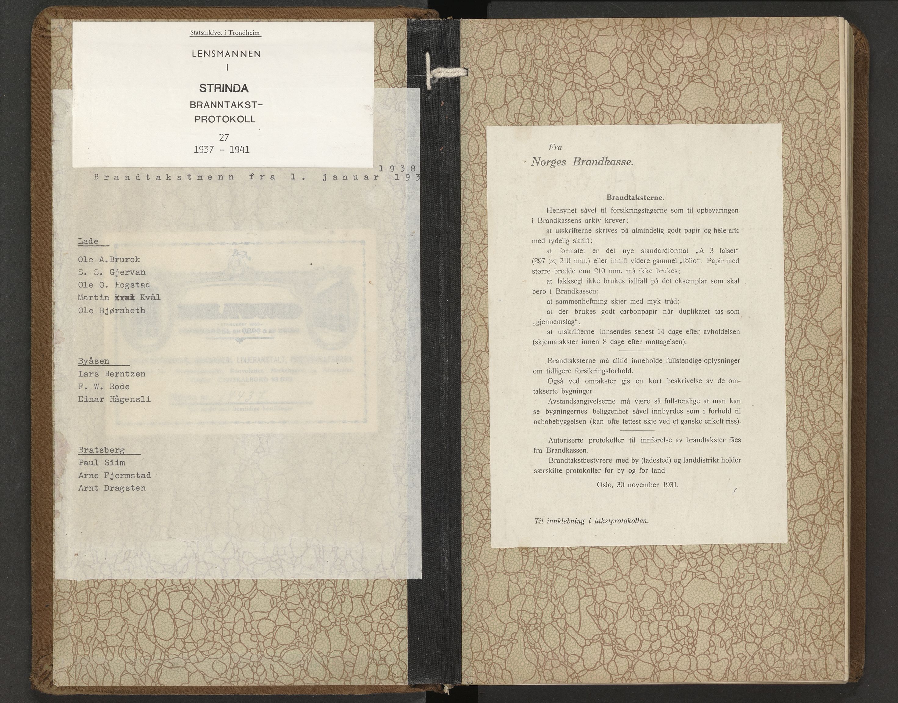 Norges Brannkasse Strinda, SAT/A-5516/Fa/L0027: Branntakstprotokoll, 1937-1941