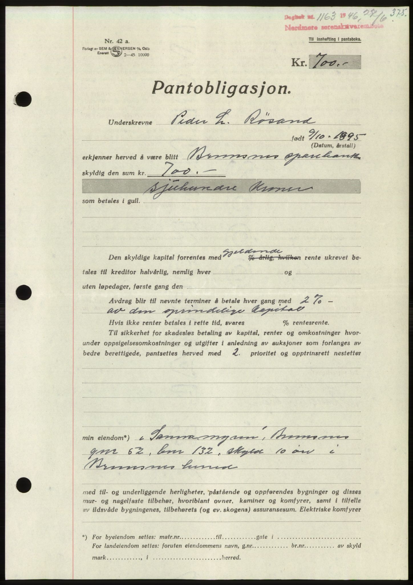 Nordmøre sorenskriveri, SAT/A-4132/1/2/2Ca: Pantebok nr. B94, 1946-1946, Dagboknr: 1163/1946