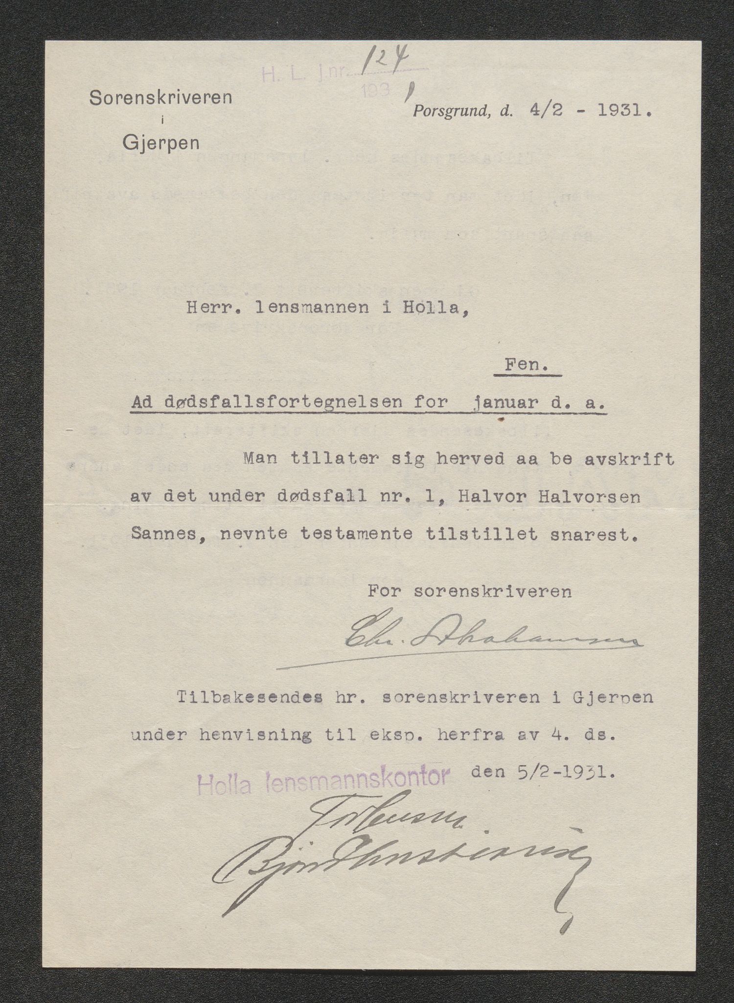 Nedre Telemark sorenskriveri, AV/SAKO-A-135/H/Ha/Hab/L0008: Dødsfallsfortegnelser
, 1931-1935, s. 6
