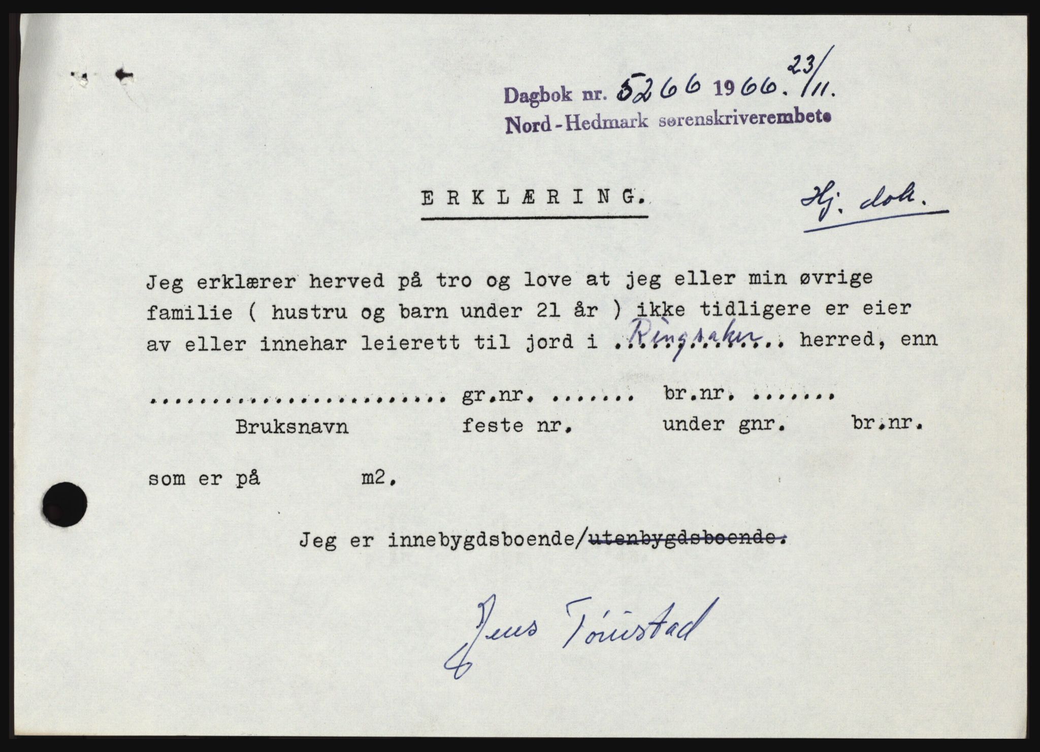 Nord-Hedmark sorenskriveri, SAH/TING-012/H/Hc/L0024: Pantebok nr. 24, 1966-1966, Dagboknr: 5266/1966
