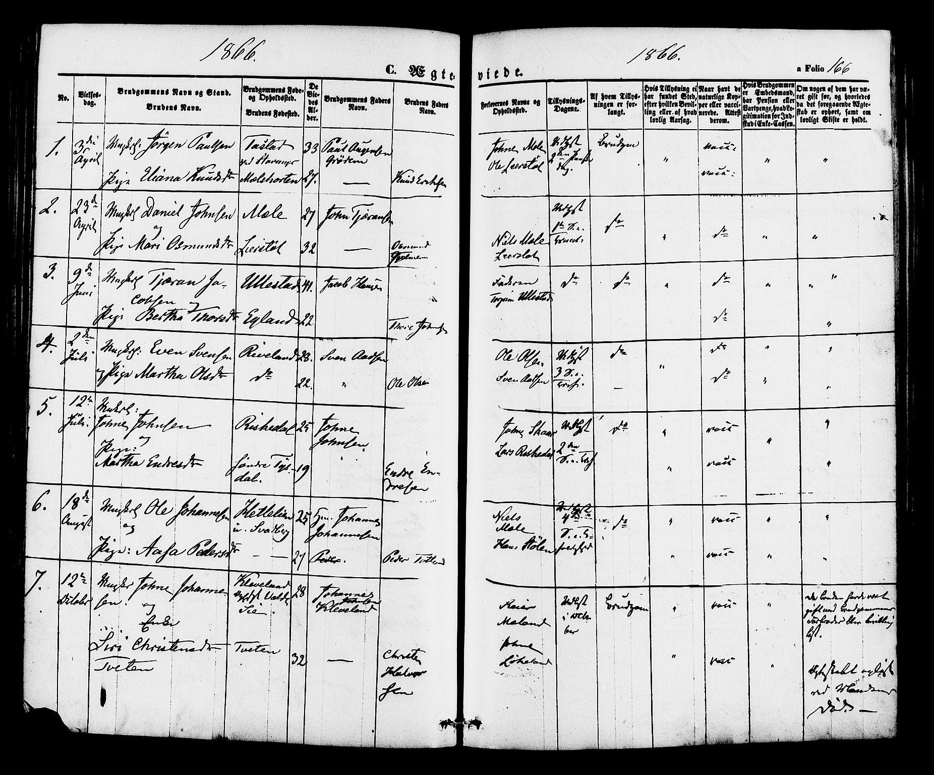 Hjelmeland sokneprestkontor, SAST/A-101843/01/IV/L0012: Ministerialbok nr. A 12, 1862-1886, s. 166