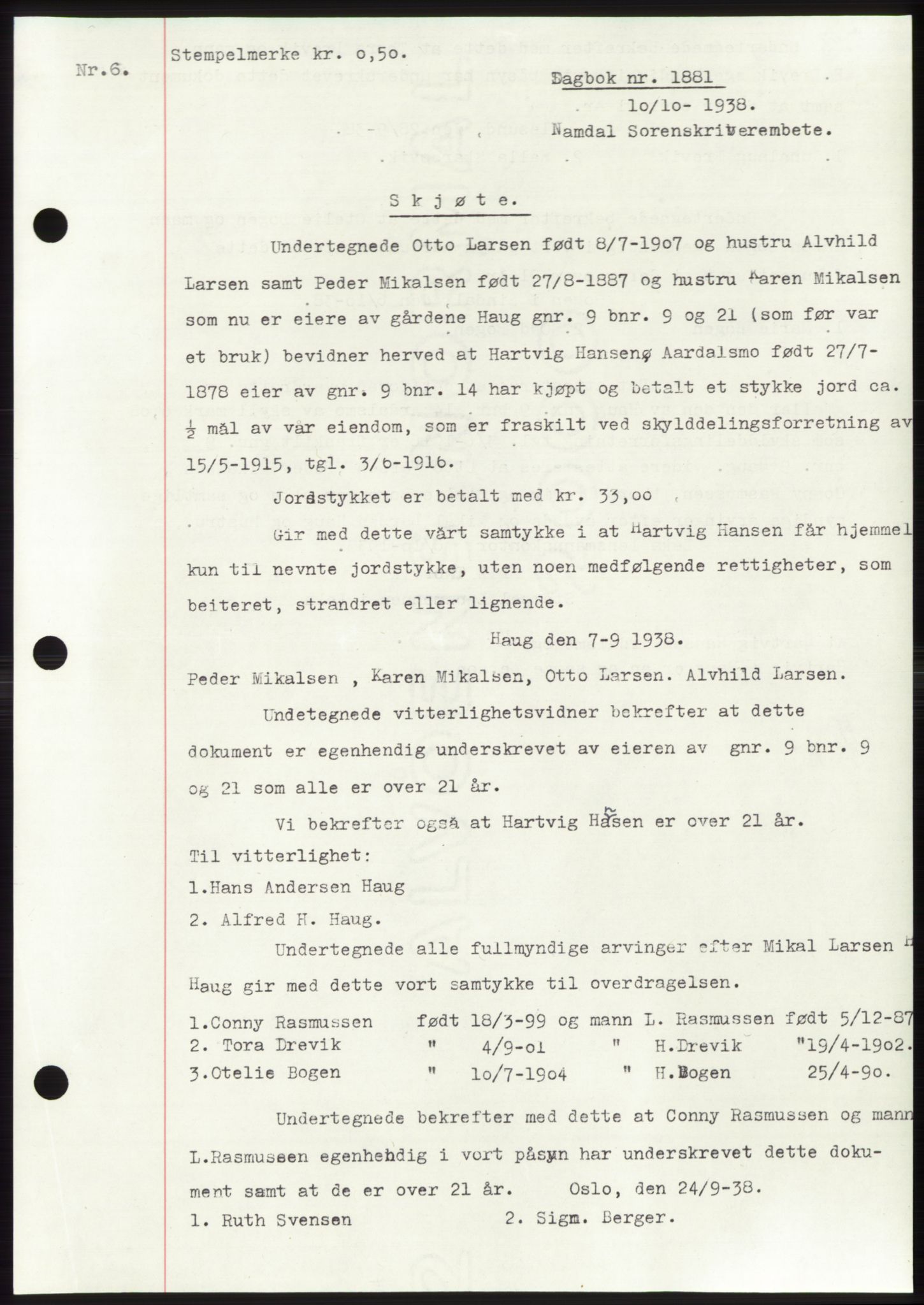 Namdal sorenskriveri, SAT/A-4133/1/2/2C: Pantebok nr. -, 1937-1939, Tingl.dato: 10.10.1938