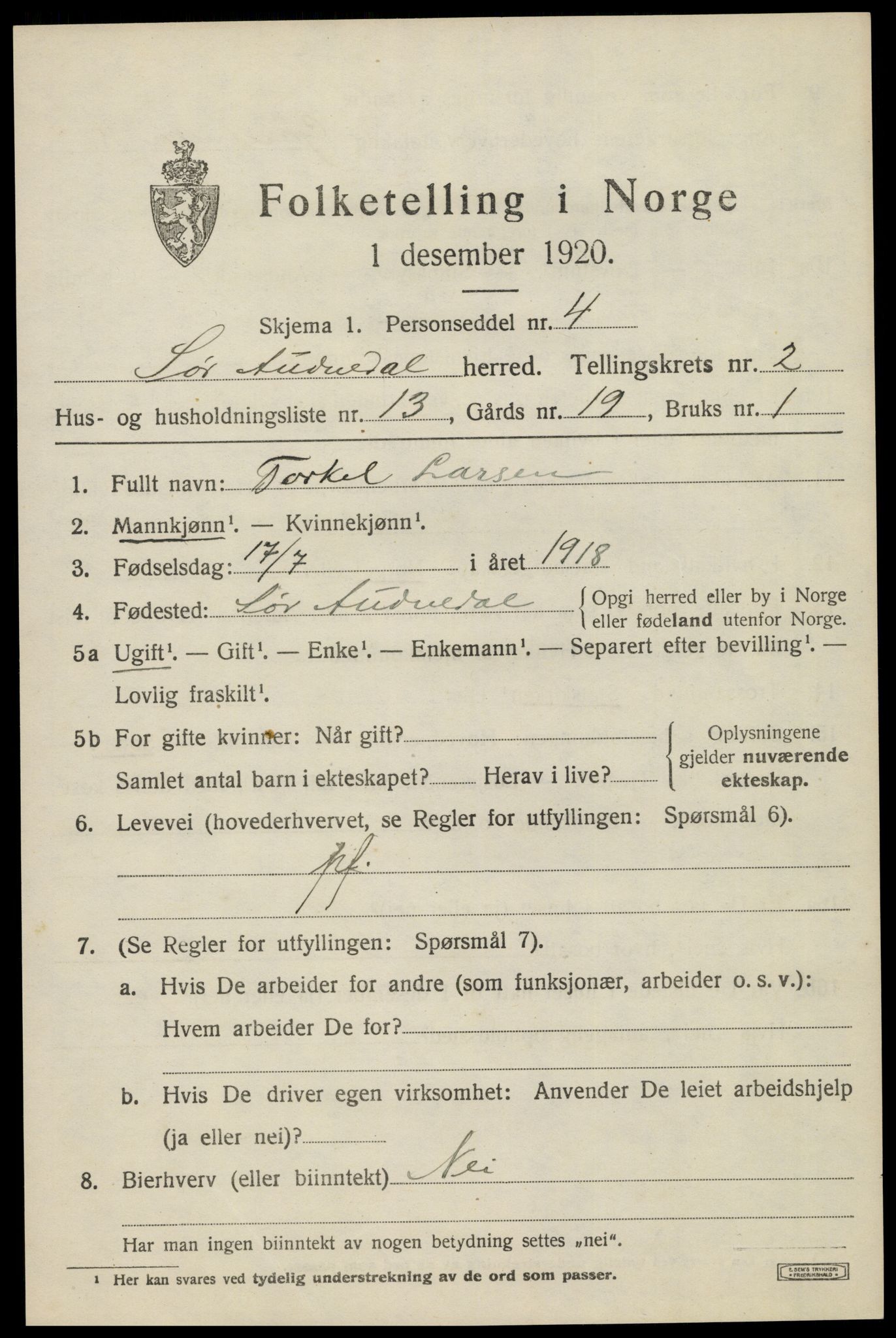 SAK, Folketelling 1920 for 1029 Sør-Audnedal herred, 1920, s. 1679