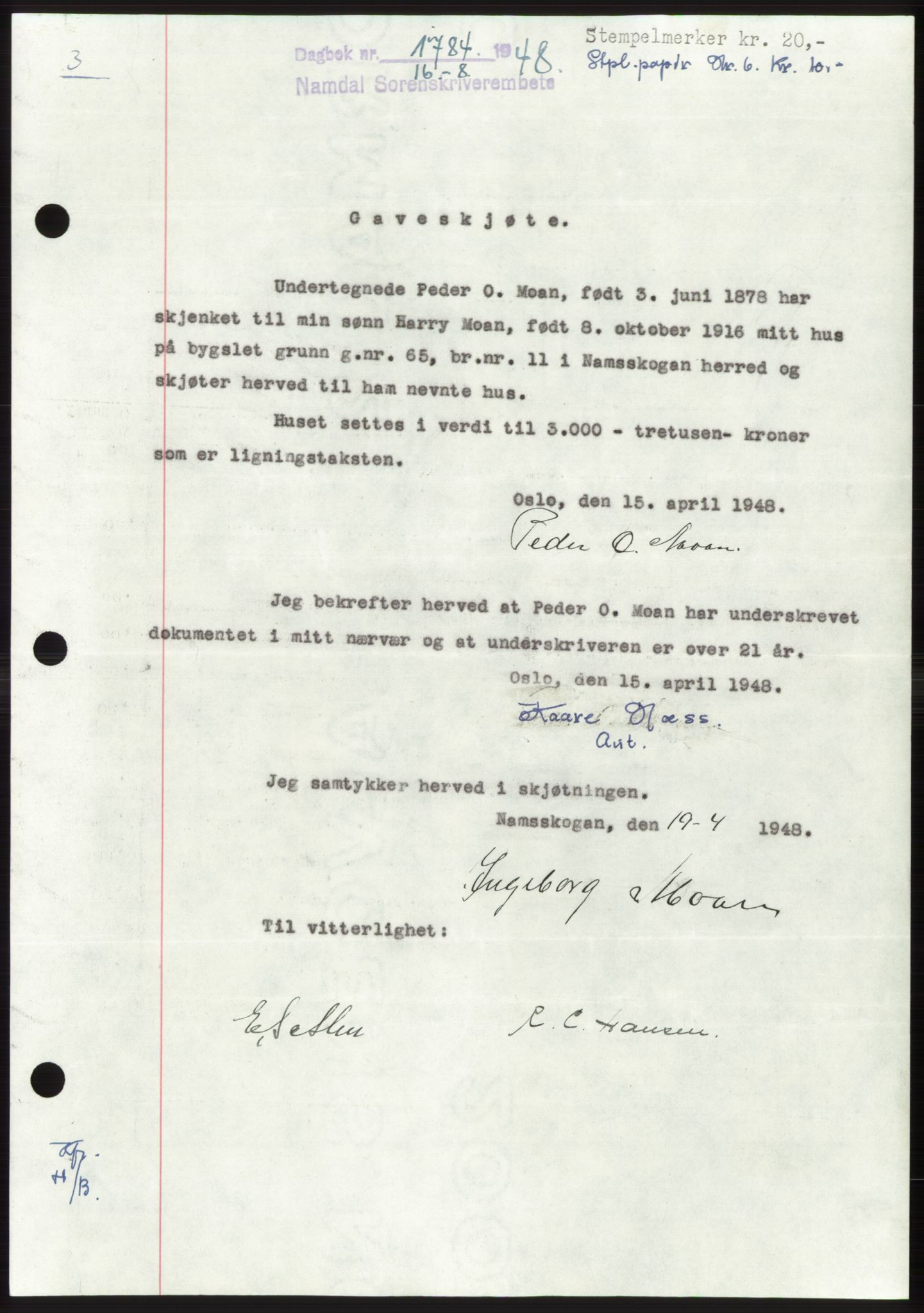 Namdal sorenskriveri, SAT/A-4133/1/2/2C: Pantebok nr. -, 1948-1948, Dagboknr: 1784/1948