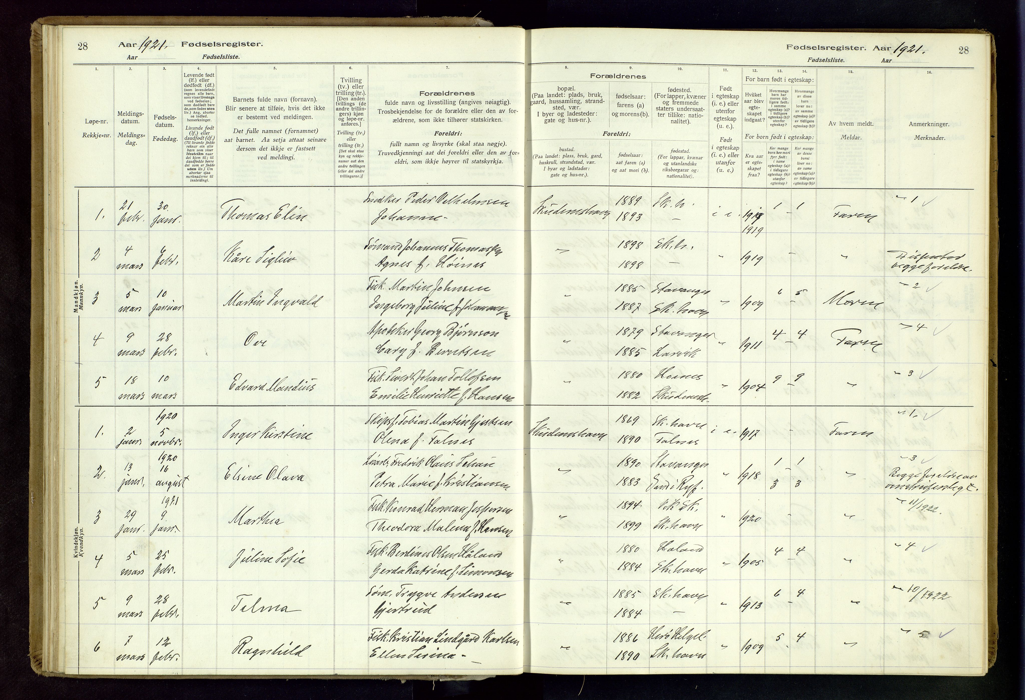 Skudenes sokneprestkontor, SAST/A -101849/I/Id/L0003: Fødselsregister nr. 3, 1916-1964, s. 28