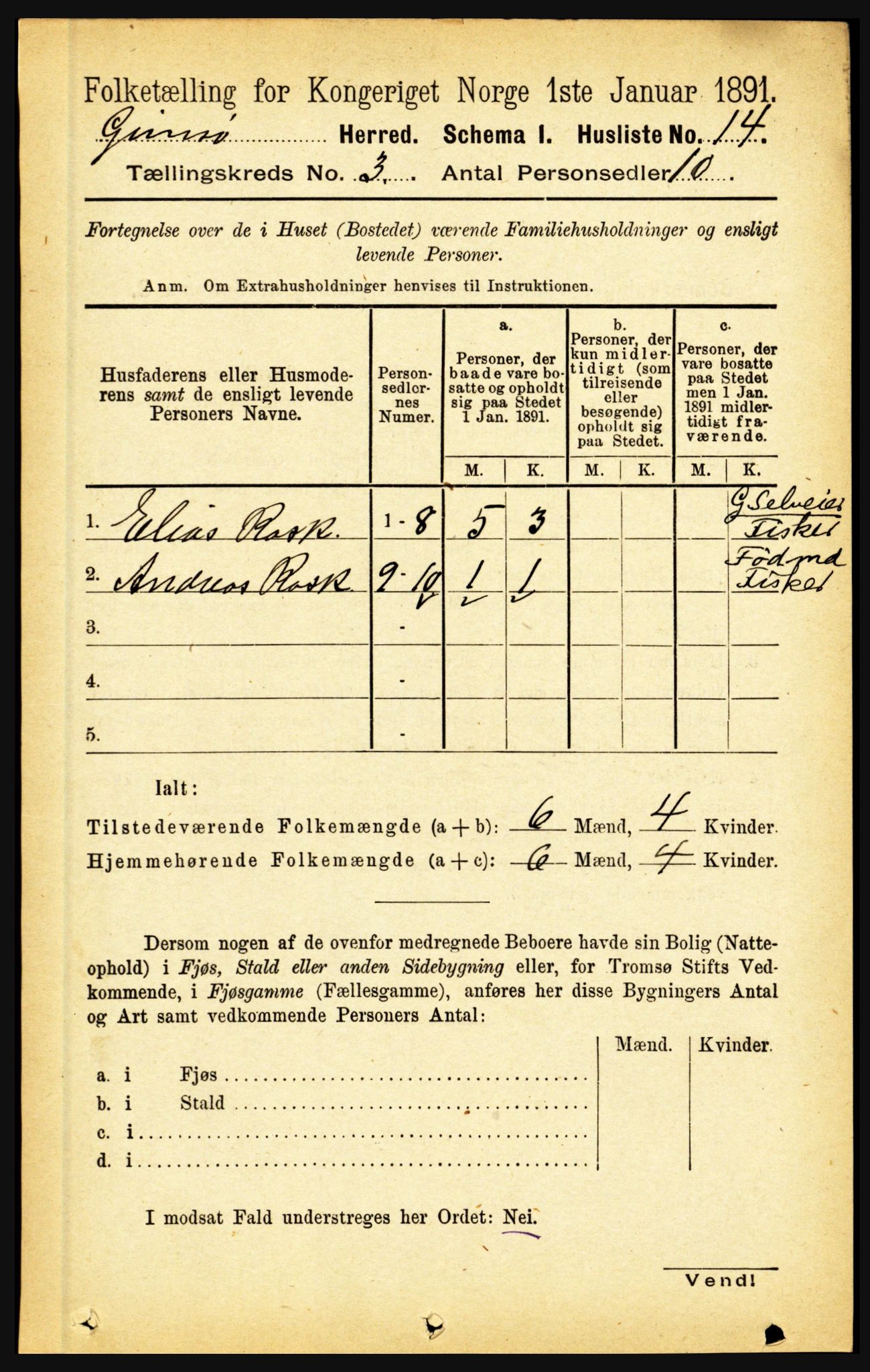 RA, Folketelling 1891 for 1864 Gimsøy herred, 1891, s. 485