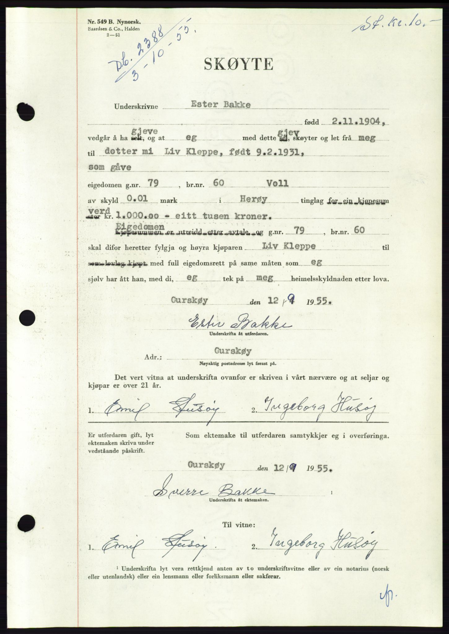 Søre Sunnmøre sorenskriveri, AV/SAT-A-4122/1/2/2C/L0102: Pantebok nr. 28A, 1955-1956, Dagboknr: 2388/1955