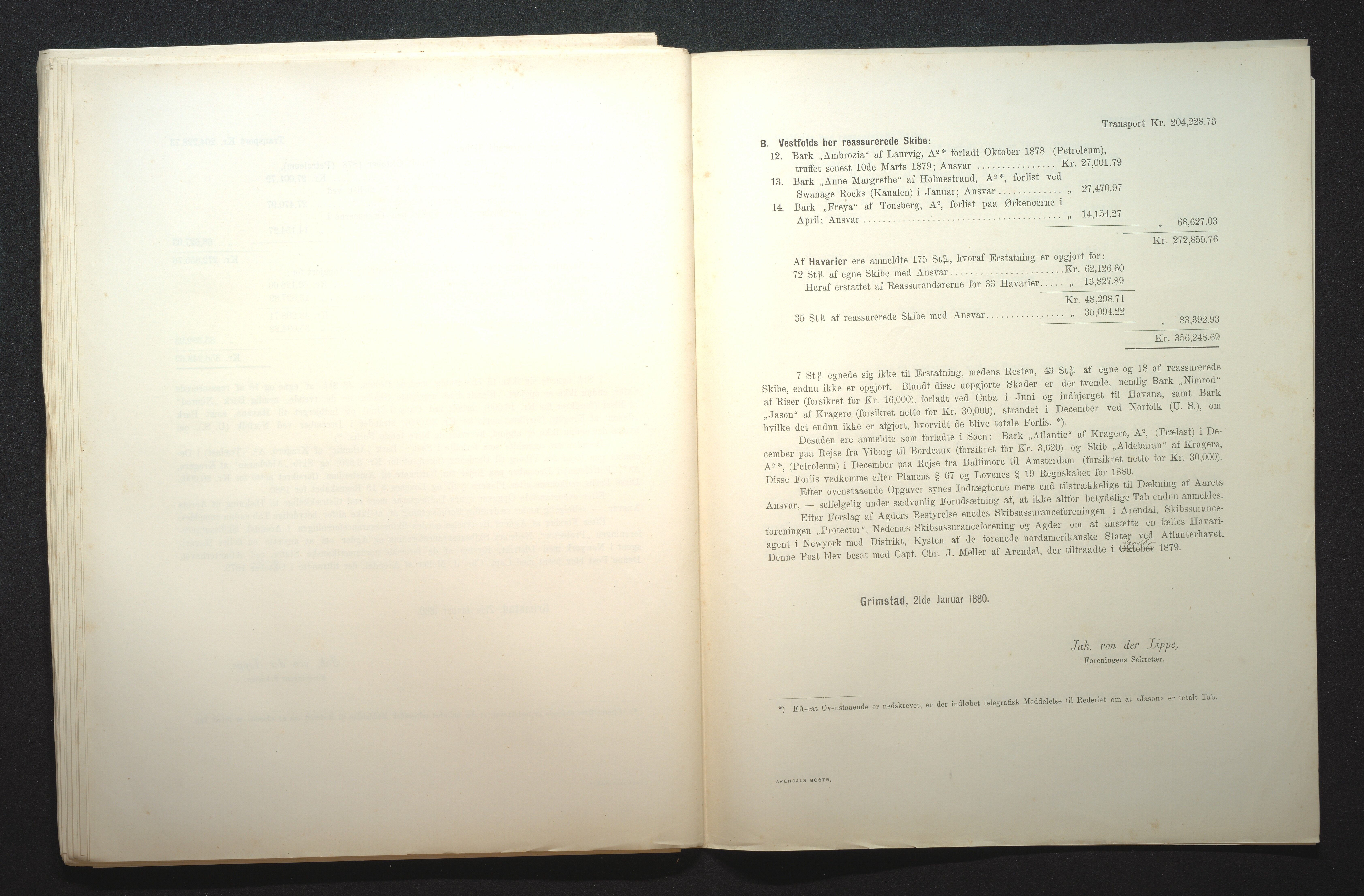 Agders Gjensidige Assuranceforening, AAKS/PA-1718/05/L0001: Regnskap, seilavdeling, pakkesak, 1855-1880