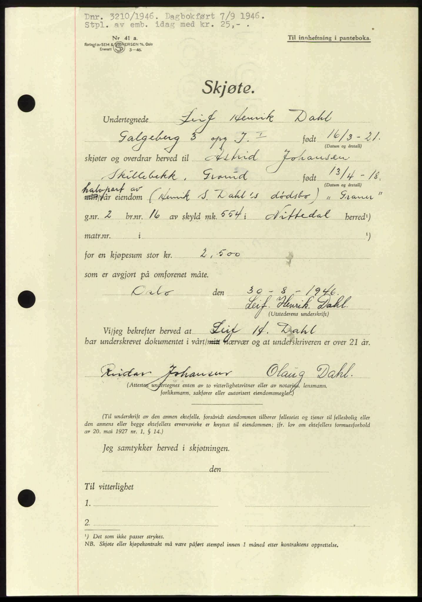 Nedre Romerike sorenskriveri, AV/SAO-A-10469/G/Gb/Gbd/L0017: Pantebok nr. 17, 1946-1946, Dagboknr: 3210/1946