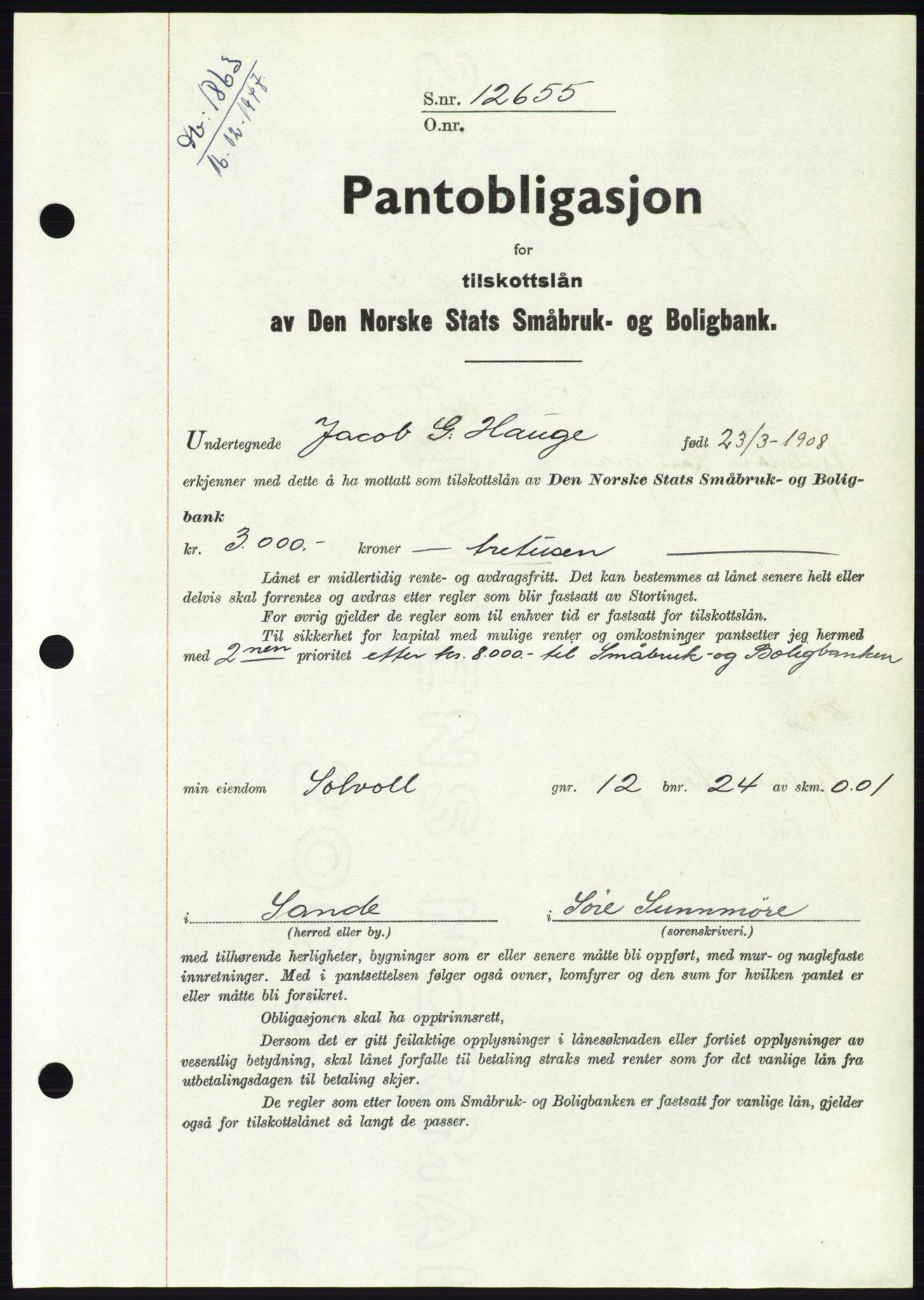 Søre Sunnmøre sorenskriveri, AV/SAT-A-4122/1/2/2C/L0115: Pantebok nr. 3B, 1947-1948, Dagboknr: 1863/1947
