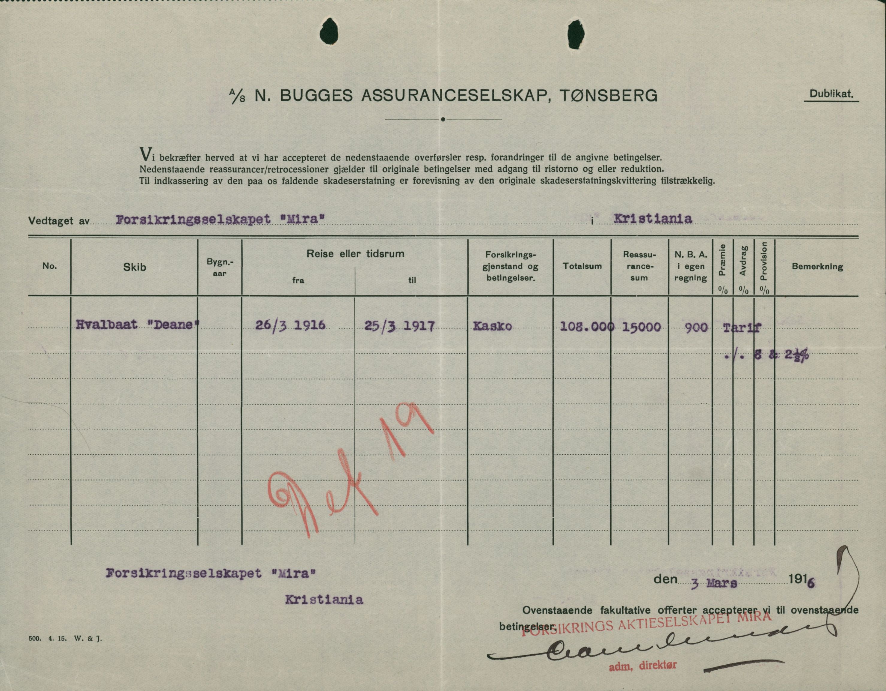 Pa 664 - Tønsberg Sjøforsikringsselskap, VEMU/A-1773/F/L0001: Forsikringspoliser, 1915-1918