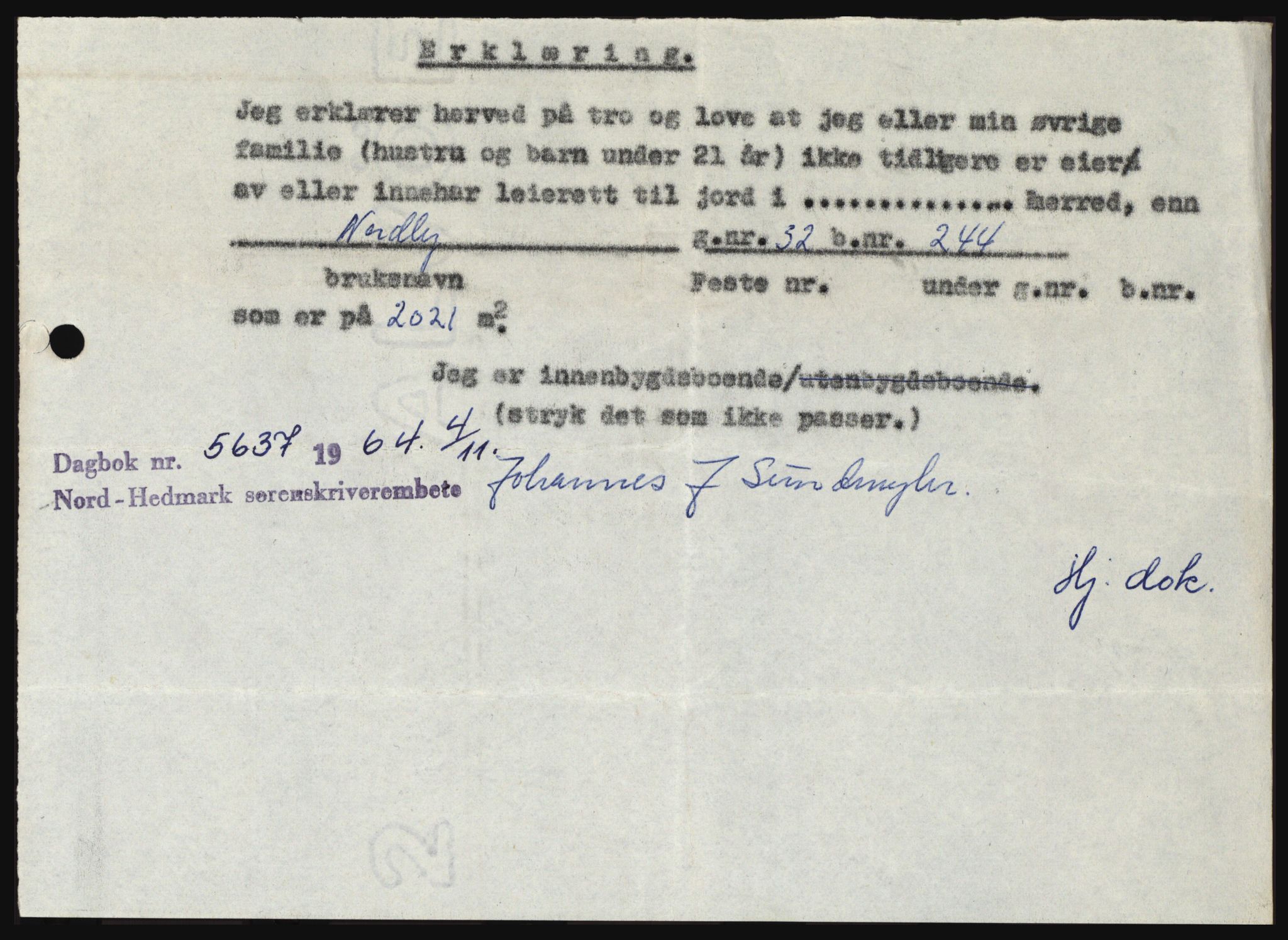 Nord-Hedmark sorenskriveri, SAH/TING-012/H/Hc/L0020: Pantebok nr. 20, 1964-1964, Dagboknr: 5637/1964