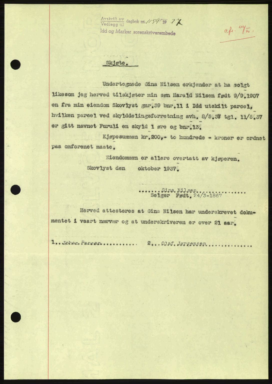 Idd og Marker sorenskriveri, AV/SAO-A-10283/G/Gb/Gbb/L0002: Pantebok nr. A2, 1937-1938, Dagboknr: 1159/1937