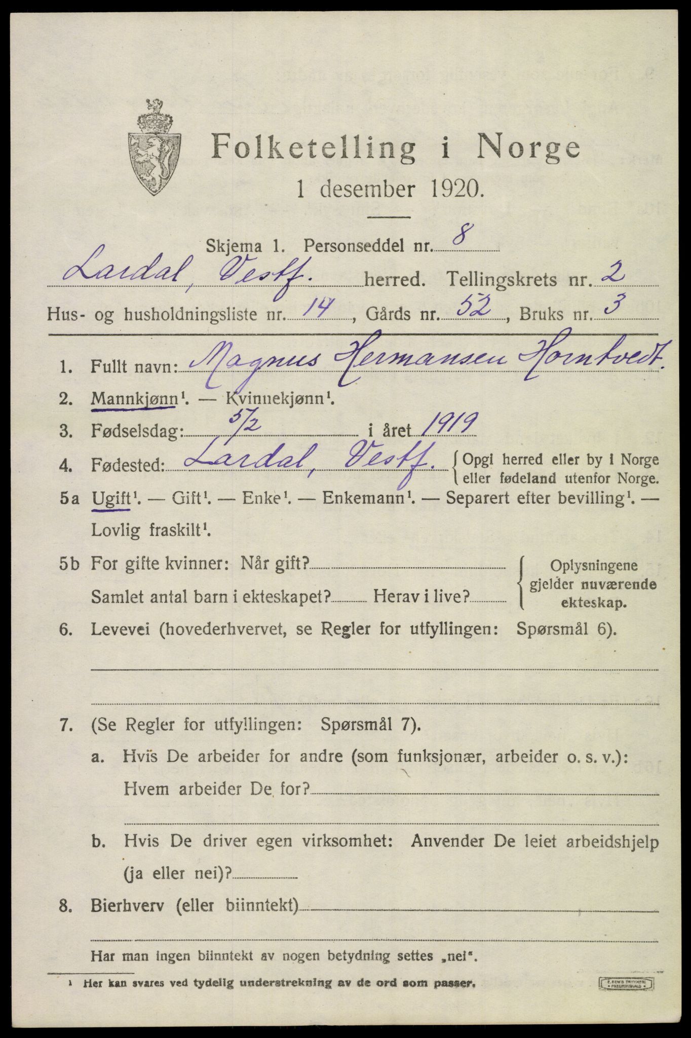 SAKO, Folketelling 1920 for 0728 Lardal herred, 1920, s. 2145