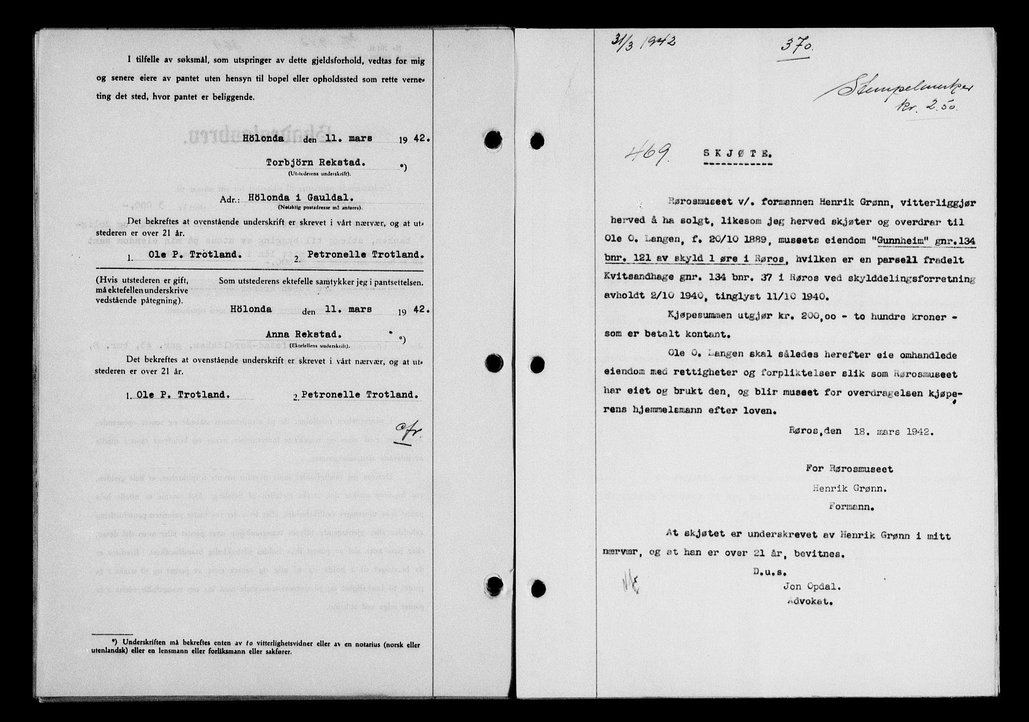 Gauldal sorenskriveri, SAT/A-0014/1/2/2C/L0054: Pantebok nr. 59, 1941-1942, Dagboknr: 469/1942