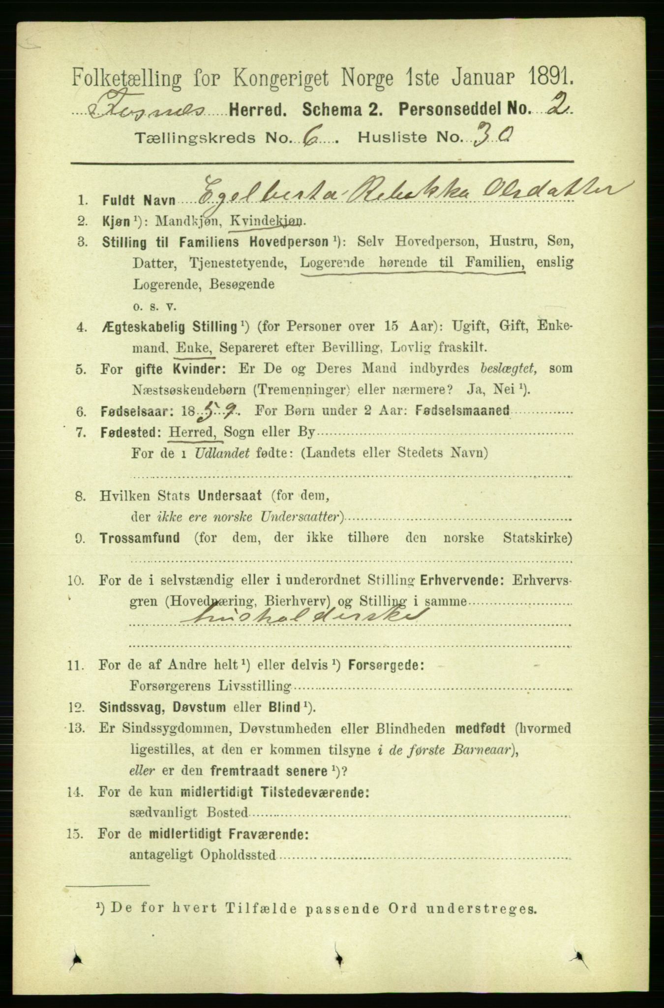RA, Folketelling 1891 for 1748 Fosnes herred, 1891, s. 2954