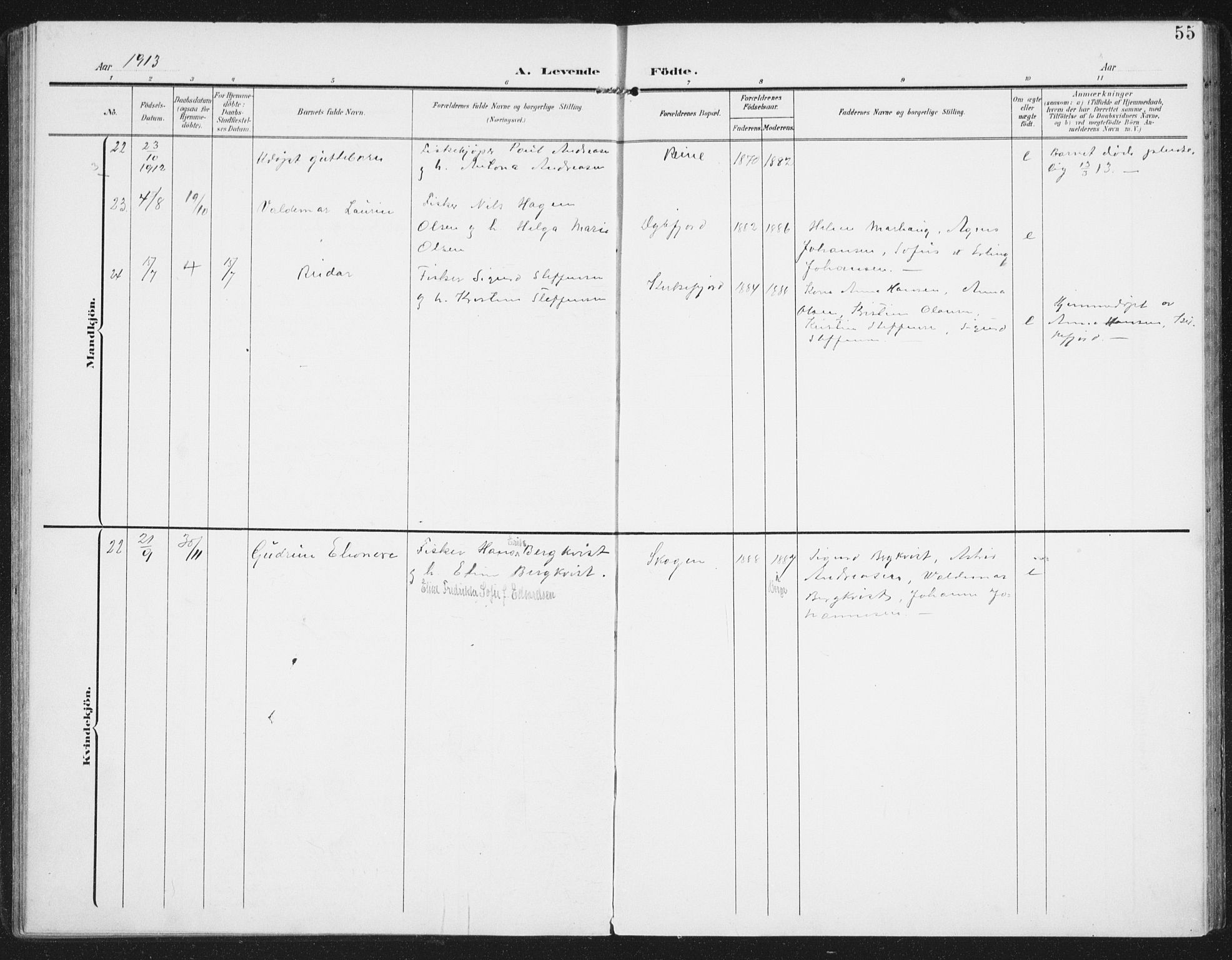 Ministerialprotokoller, klokkerbøker og fødselsregistre - Nordland, SAT/A-1459/886/L1221: Ministerialbok nr. 886A03, 1903-1913, s. 55