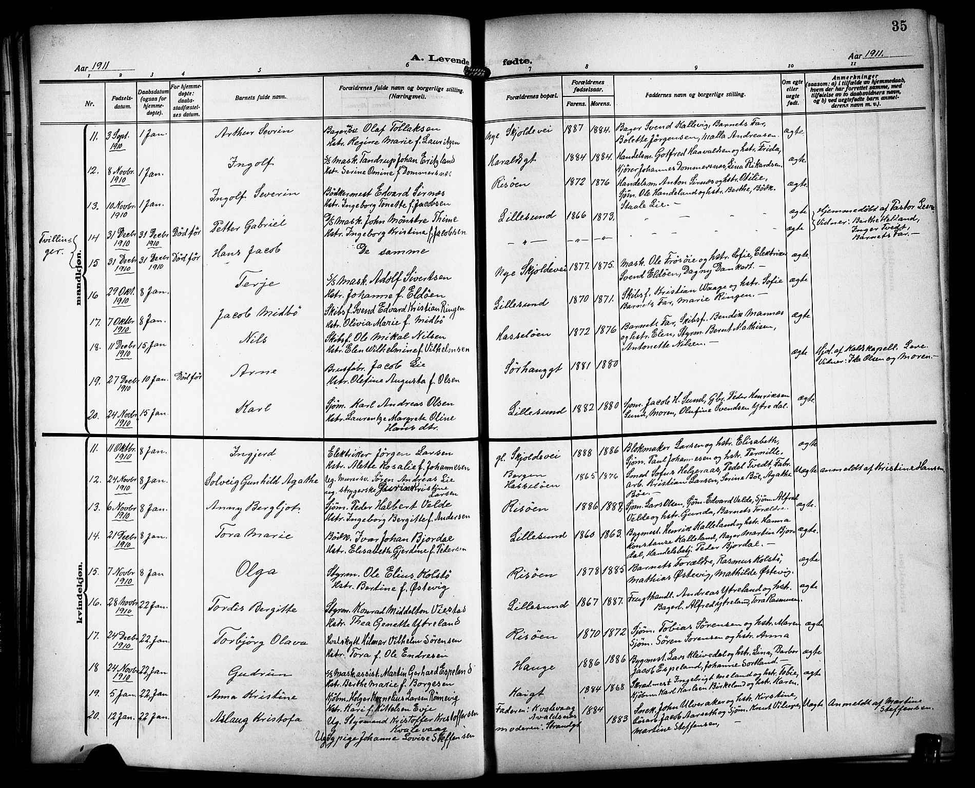 Haugesund sokneprestkontor, AV/SAST-A -101863/H/Ha/Hab/L0007: Klokkerbok nr. B 7, 1909-1920, s. 35