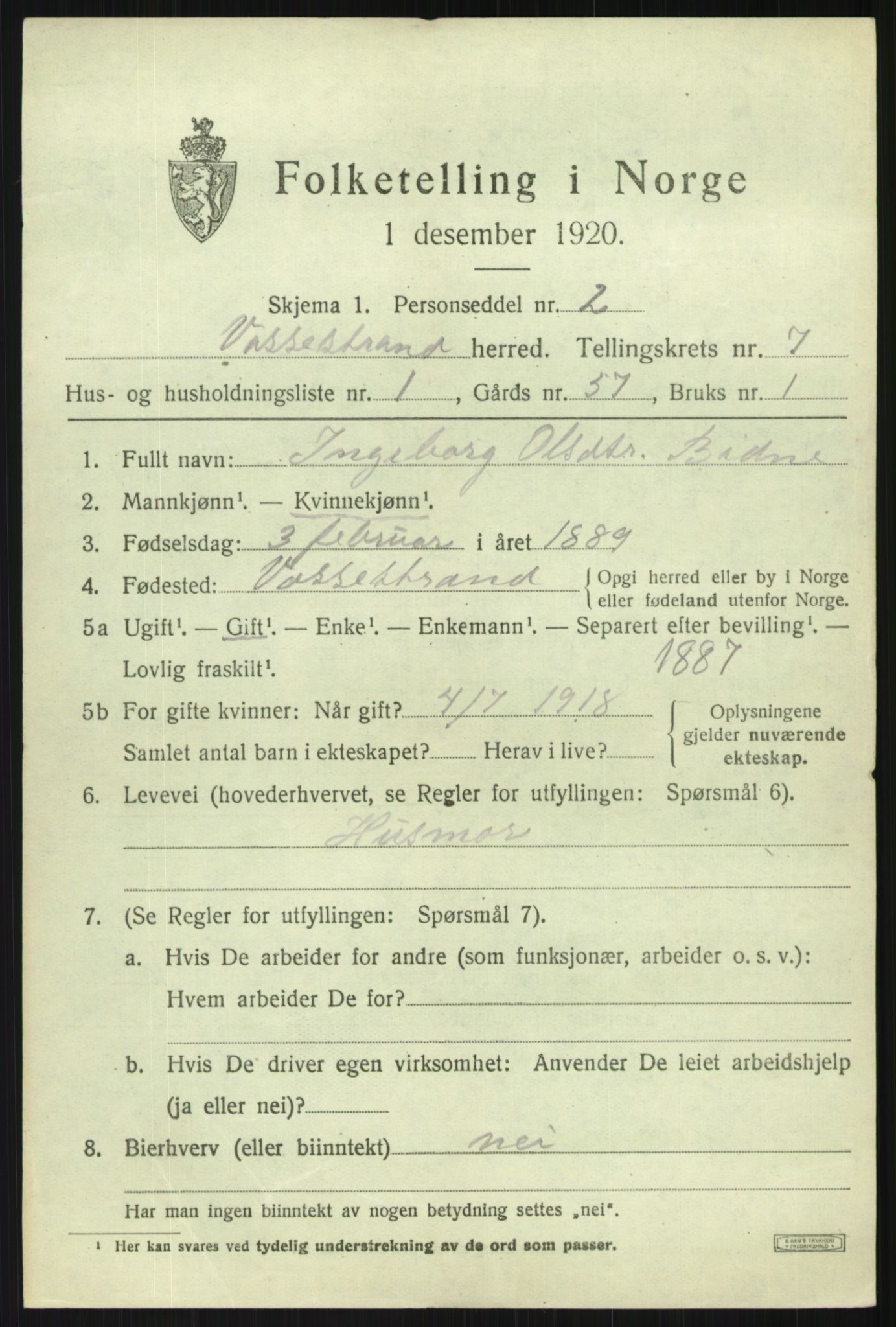 SAB, Folketelling 1920 for 1236 Vossestrand herred, 1920, s. 3034