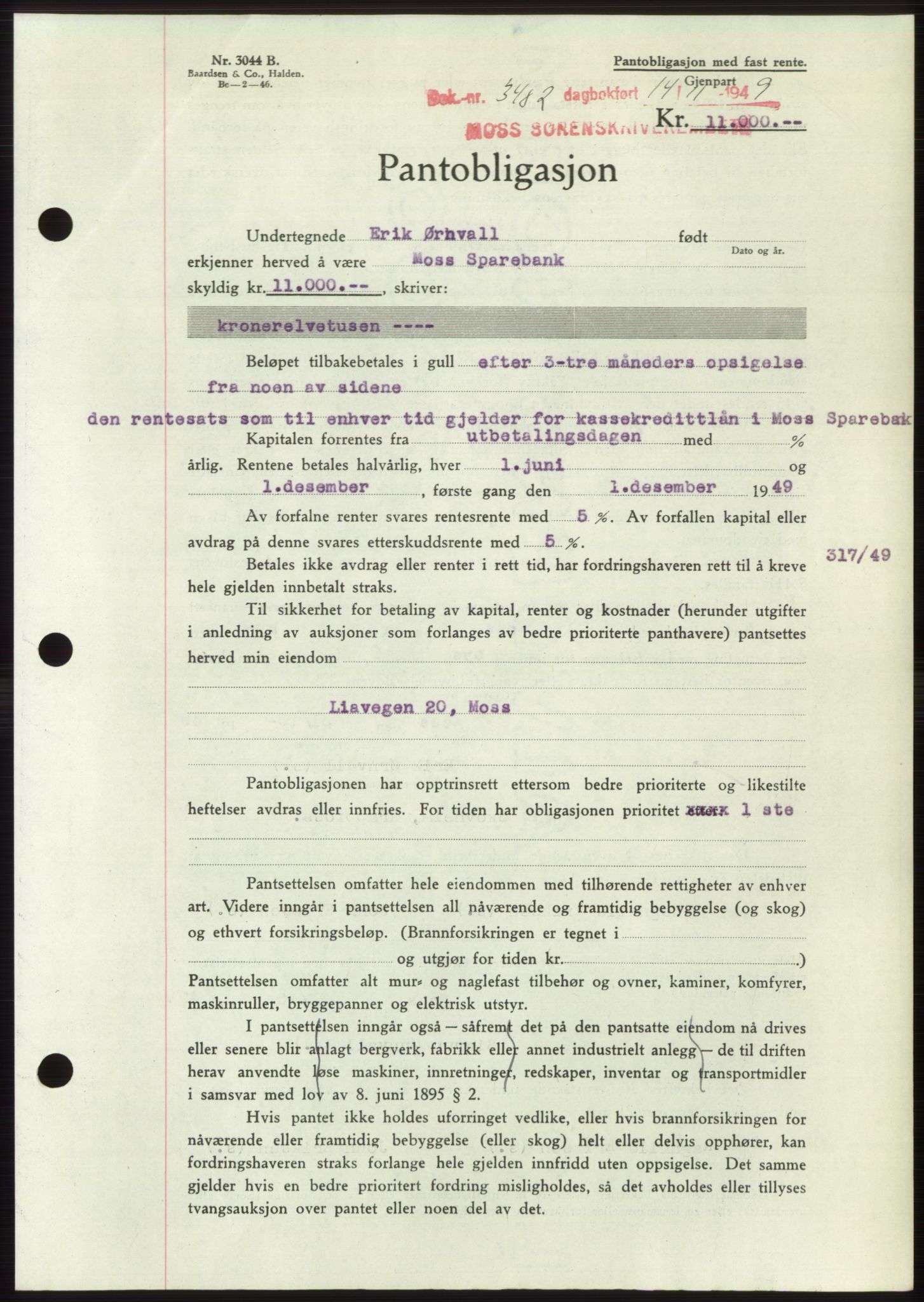 Moss sorenskriveri, SAO/A-10168: Pantebok nr. B23, 1949-1950, Dagboknr: 3482/1949