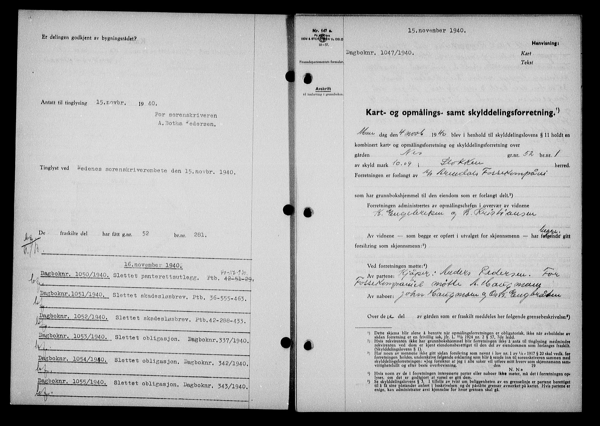 Nedenes sorenskriveri, SAK/1221-0006/G/Gb/Gba/L0048: Pantebok nr. A-II, 1940-1941, Dagboknr: 1047/1940