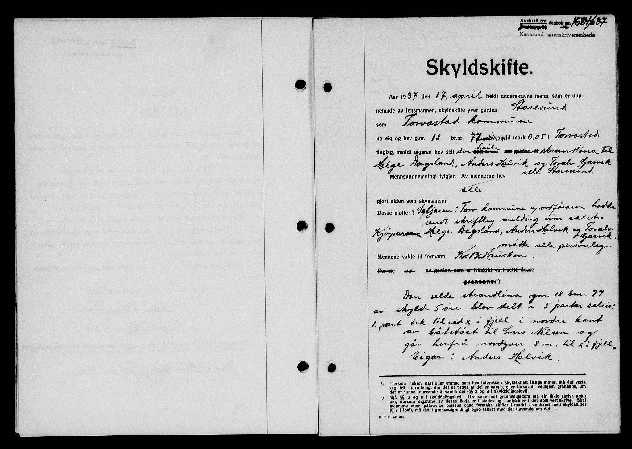 Karmsund sorenskriveri, SAST/A-100311/01/II/IIB/L0068: Pantebok nr. 49A, 1937-1937, Dagboknr: 1584/1937