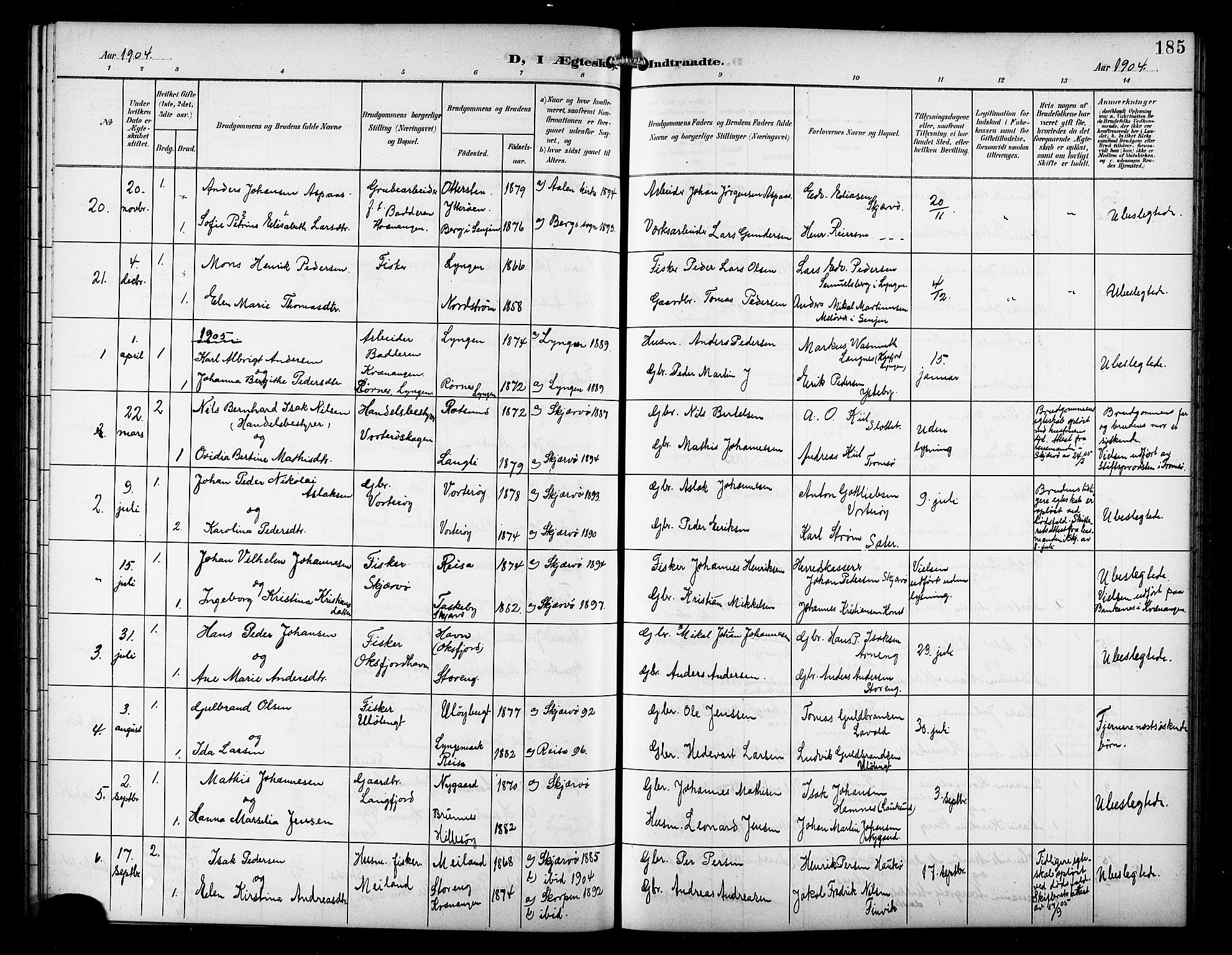 Skjervøy sokneprestkontor, AV/SATØ-S-1300/H/Ha/Hab/L0008klokker: Klokkerbok nr. 8, 1900-1910, s. 185