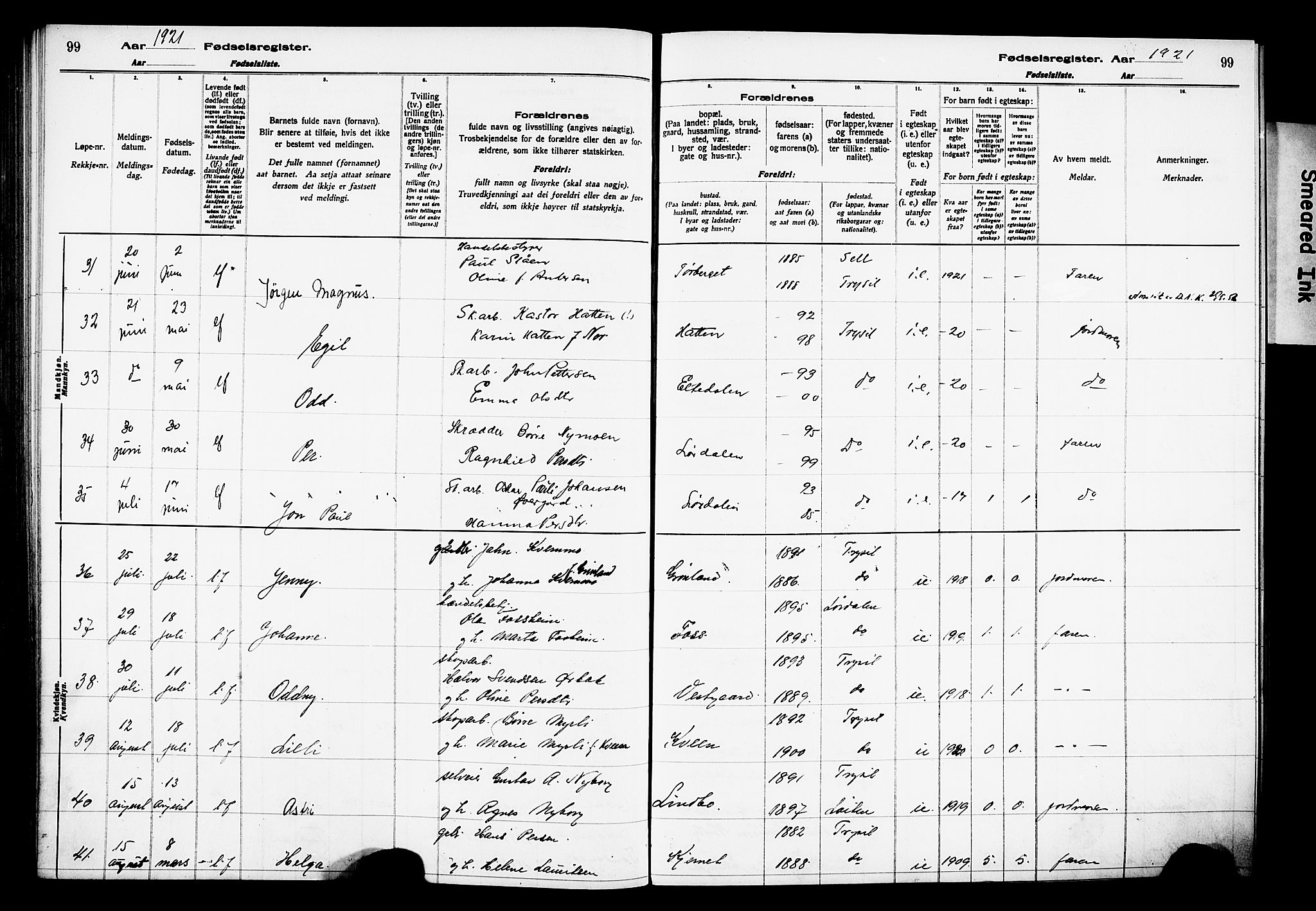 Trysil prestekontor, AV/SAH-PREST-046/I/Id/Ida/L0001: Fødselsregister nr. I 1, 1916-1927, s. 99