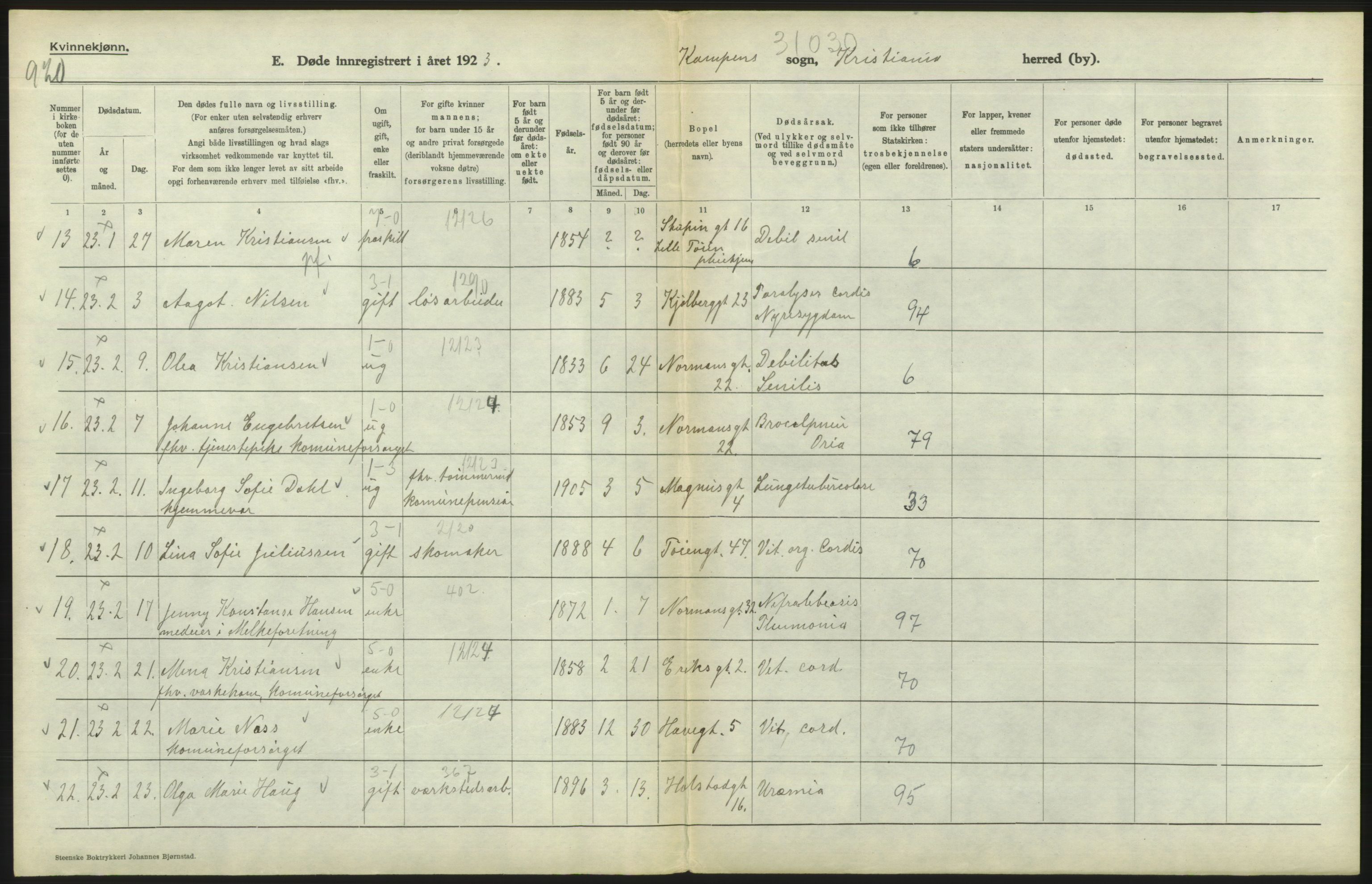 Statistisk sentralbyrå, Sosiodemografiske emner, Befolkning, RA/S-2228/D/Df/Dfc/Dfcc/L0010: Kristiania: Døde, dødfødte, 1923, s. 240