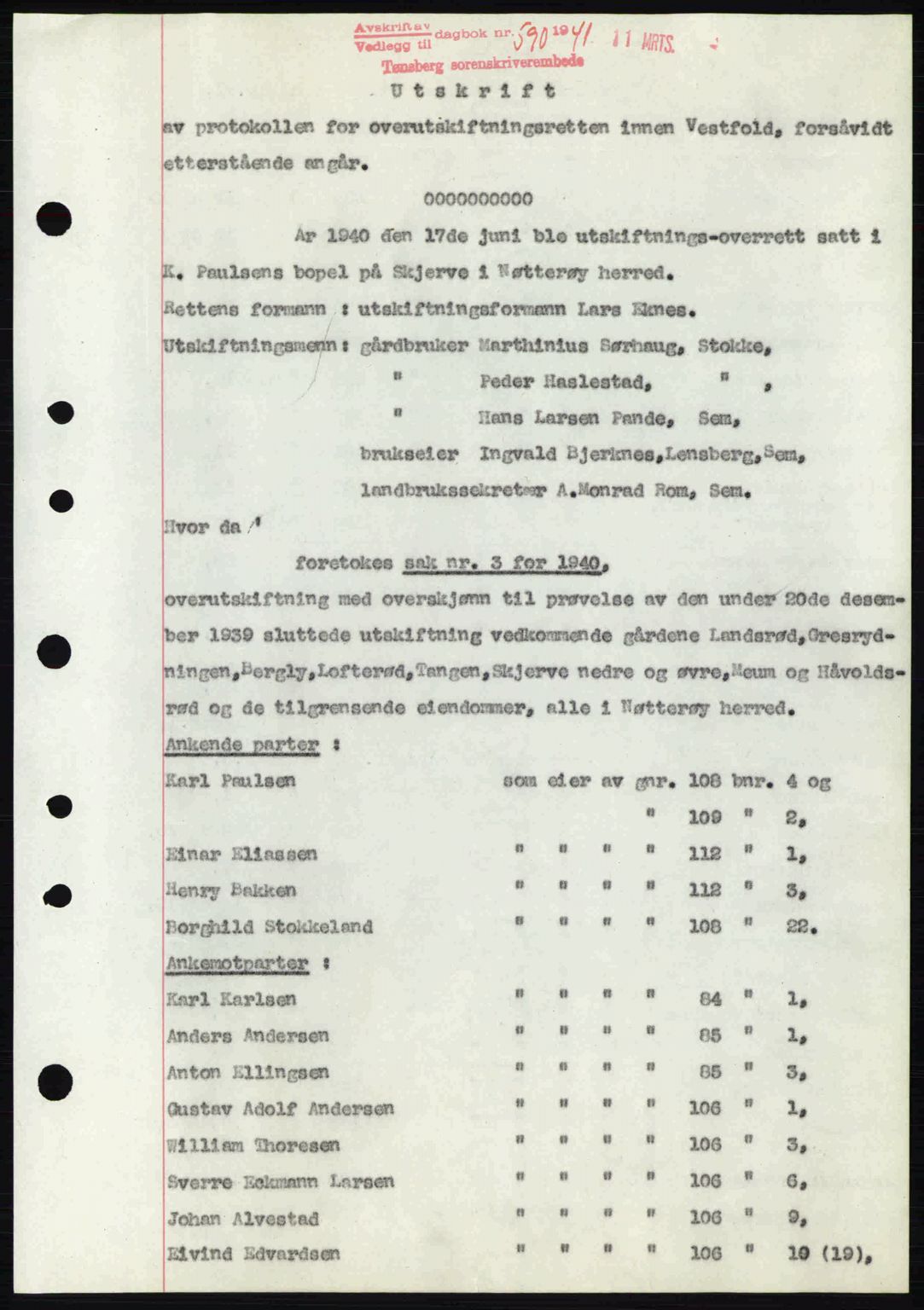 Tønsberg sorenskriveri, AV/SAKO-A-130/G/Ga/Gaa/L0009: Pantebok nr. A9, 1940-1941, Dagboknr: 590/1941