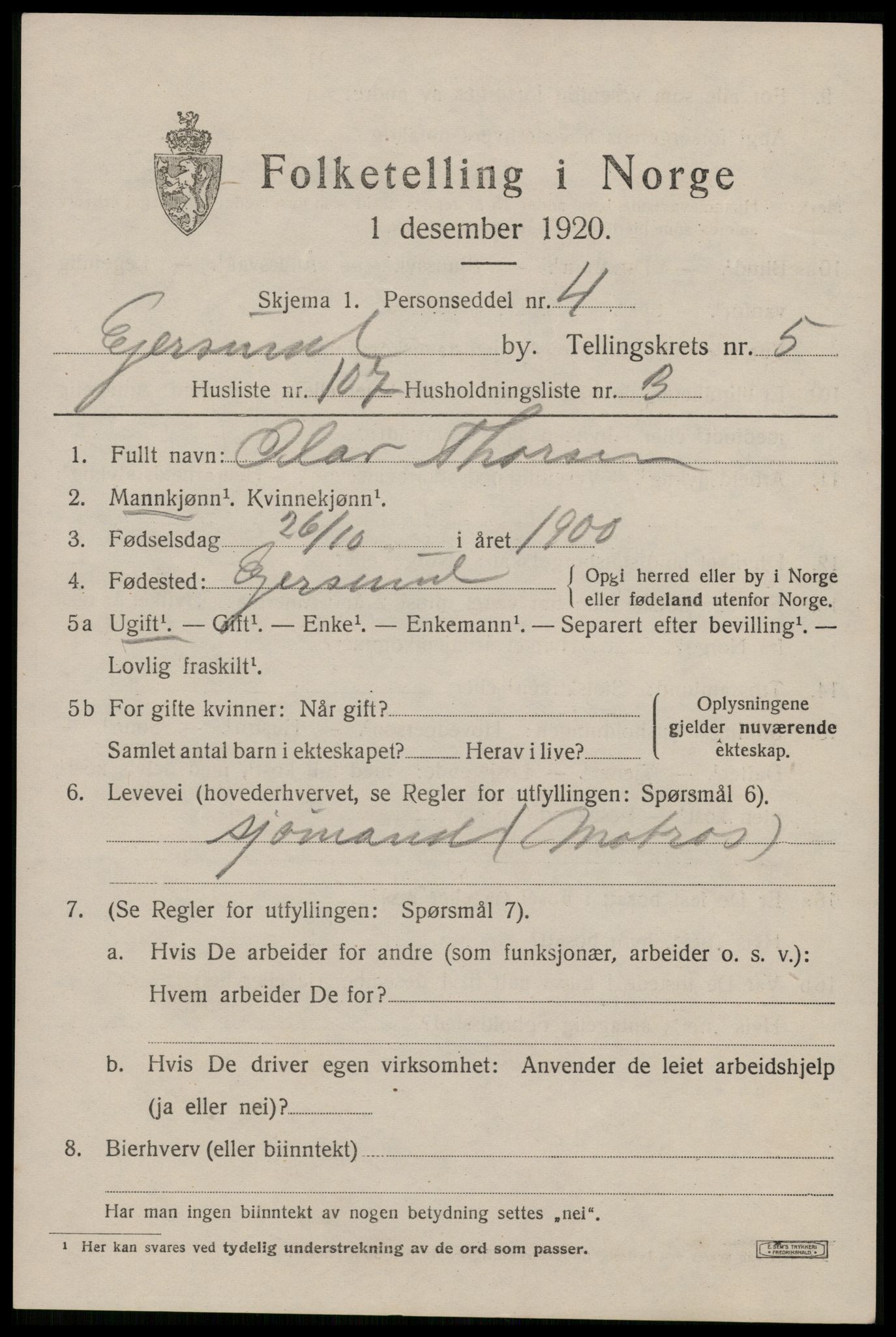 SAST, Folketelling 1920 for 1101 Egersund ladested, 1920, s. 9544