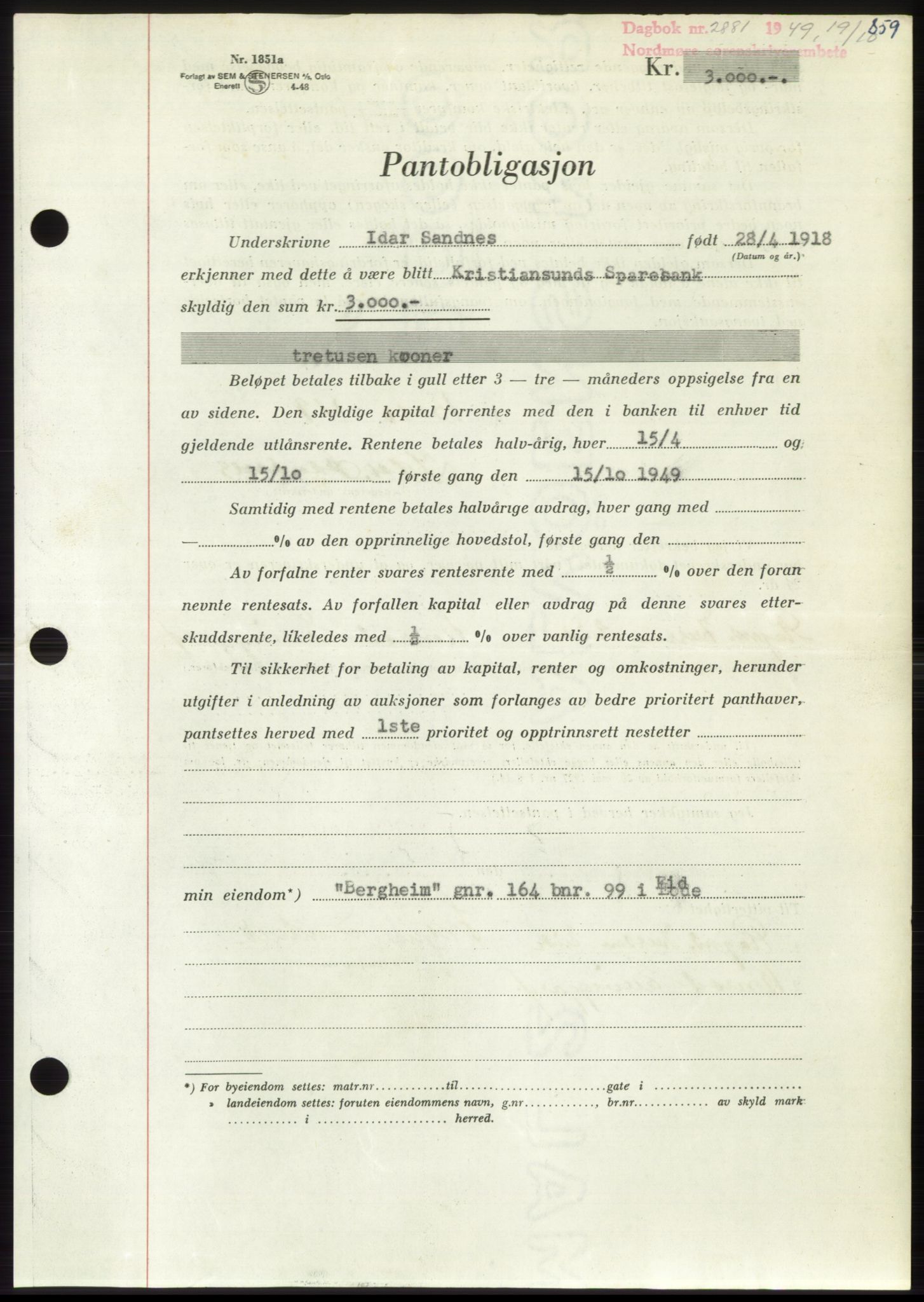 Nordmøre sorenskriveri, SAT/A-4132/1/2/2Ca: Pantebok nr. B102, 1949-1949, Dagboknr: 2881/1949