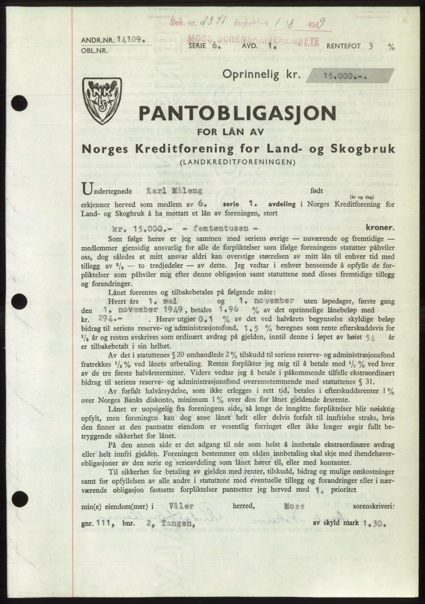 Moss sorenskriveri, SAO/A-10168: Pantebok nr. B22, 1949-1949, Dagboknr: 2346/1949