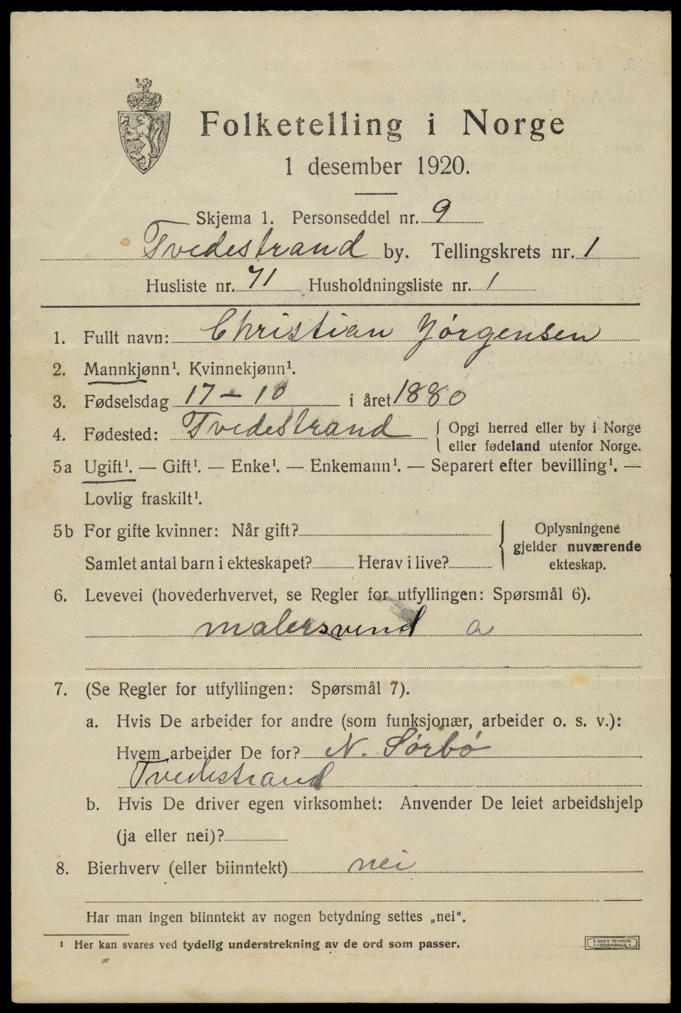 SAK, Folketelling 1920 for 0902 Tvedestrand ladested, 1920, s. 2131