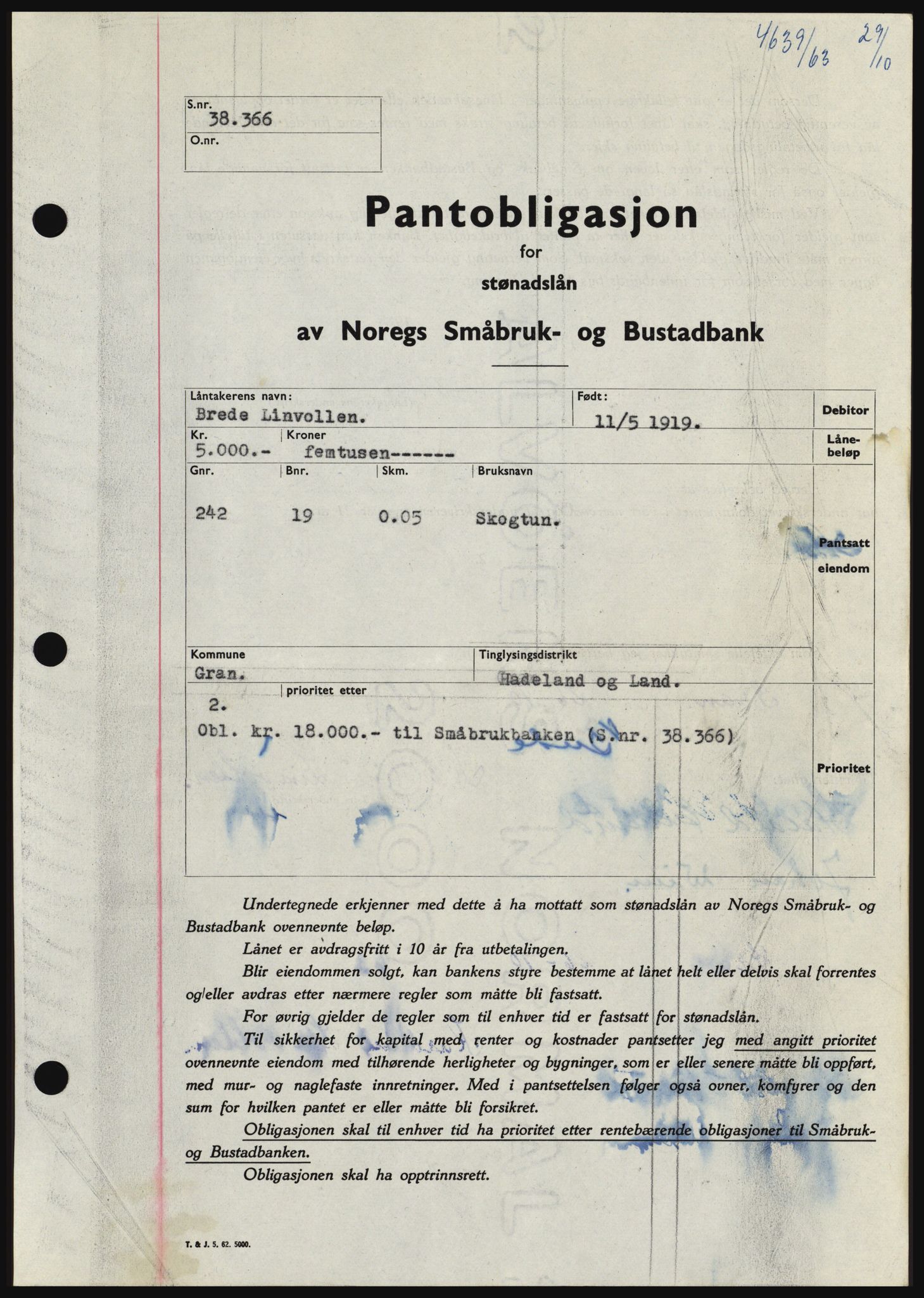 Hadeland og Land tingrett, SAH/TING-010/H/Hb/Hbc/L0053: Pantebok nr. B53, 1963-1964, Dagboknr: 4639/1963