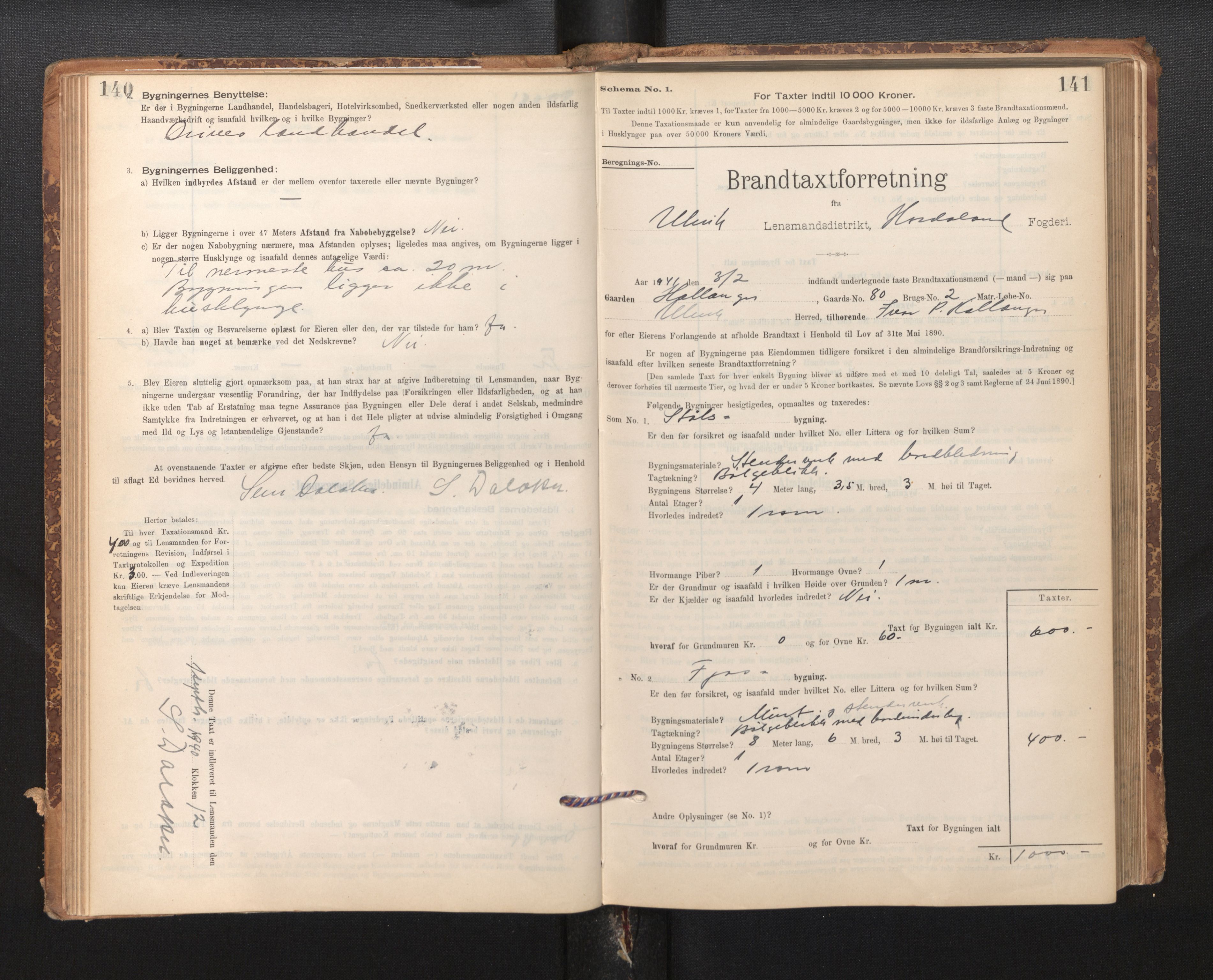 Lensmannen i Ulvik, SAB/A-35601/0012/L0003: Branntakstprotokoll, skjematakst, 1895-1946, s. 140-141